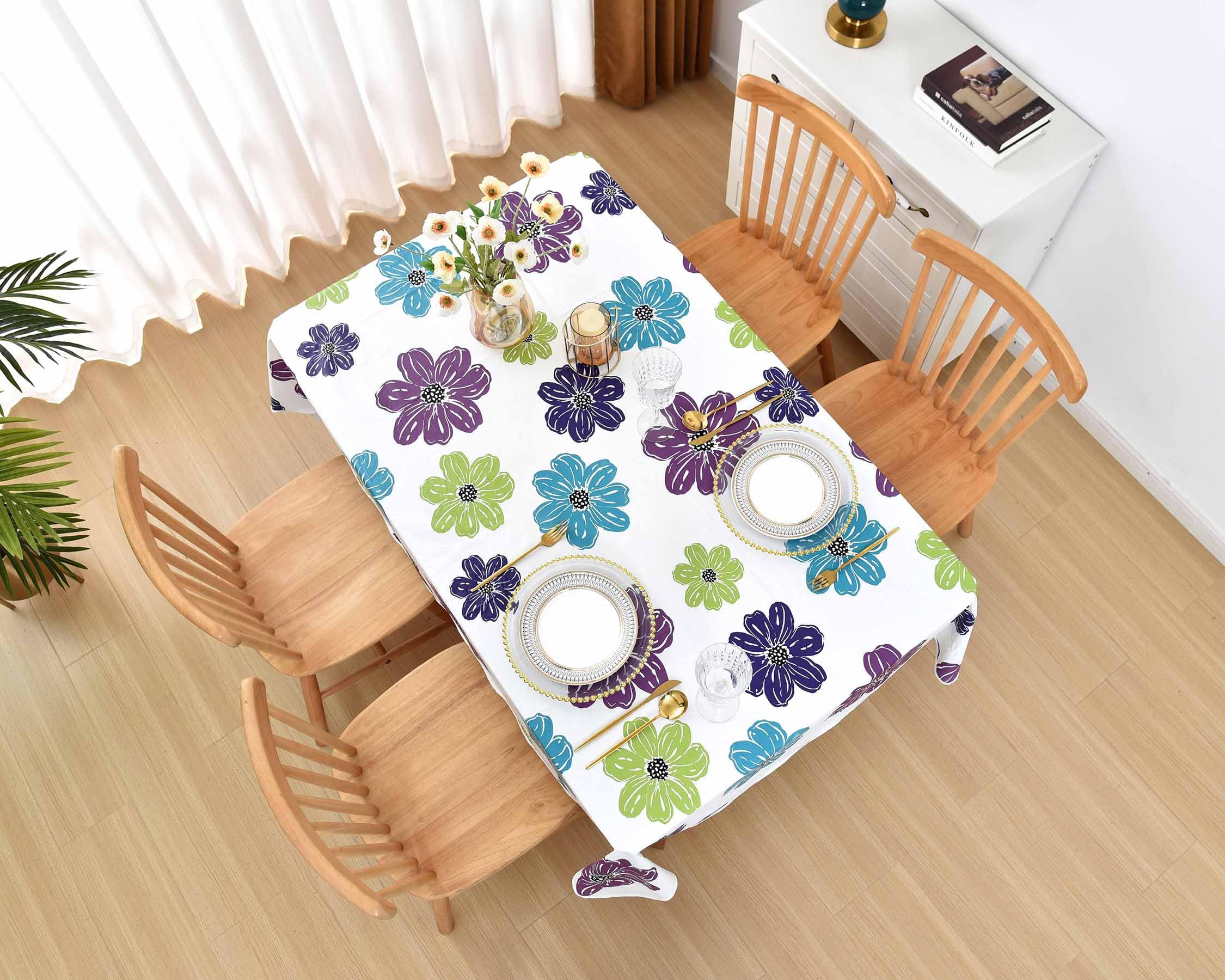Summer Floral Tablecloth 54X72 Inch, Purple Flower Table Cloth, Rectangle Tablecloth Plastic, Vinyl Flannel Backed Tablecloth, W