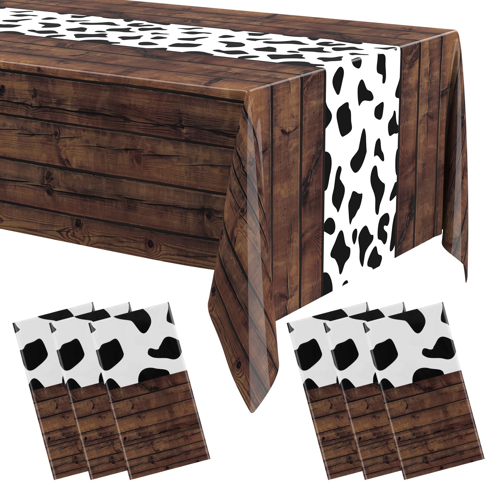 Remagr 6 Pcs 54 x 108 Inch Cow Print Table Runner Western Tablecloth for Cowboy Party Decor My First Rodeo Table Cloths Plastic 