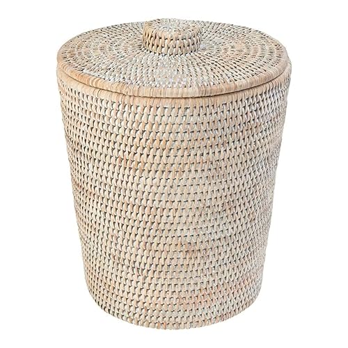 Kouboo La Jolla Rattan Round Waste Basket With Lid & Plastic Insert, 2 Gallon Woven Wastebasket For Bathroom, Kitchen, Office, L