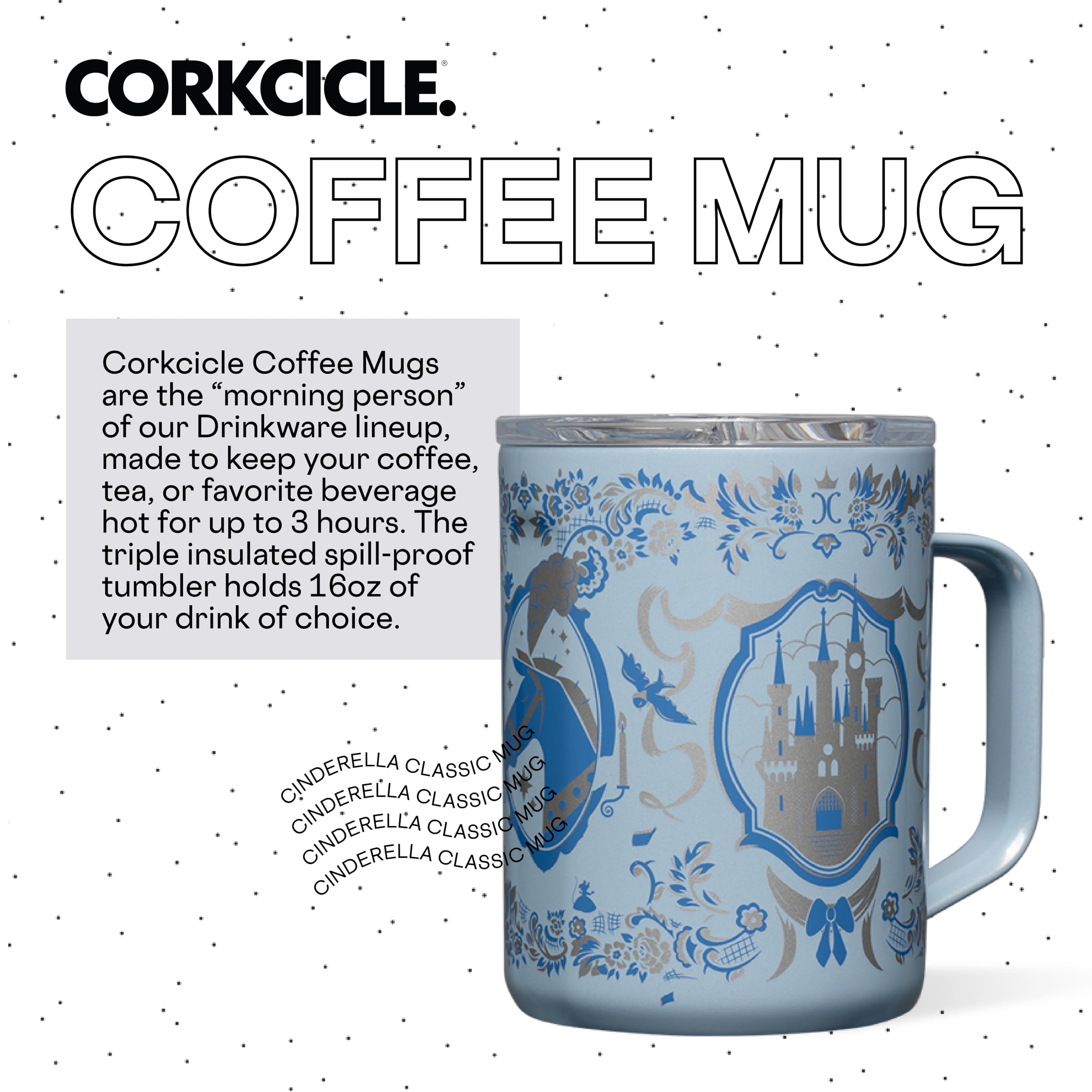 Corkcicle Disney Princess Cinderella Coffee Mug, Insulated Travel Coffee Cup With Lid, Stainless Steel, Spill Proof For Coffee,