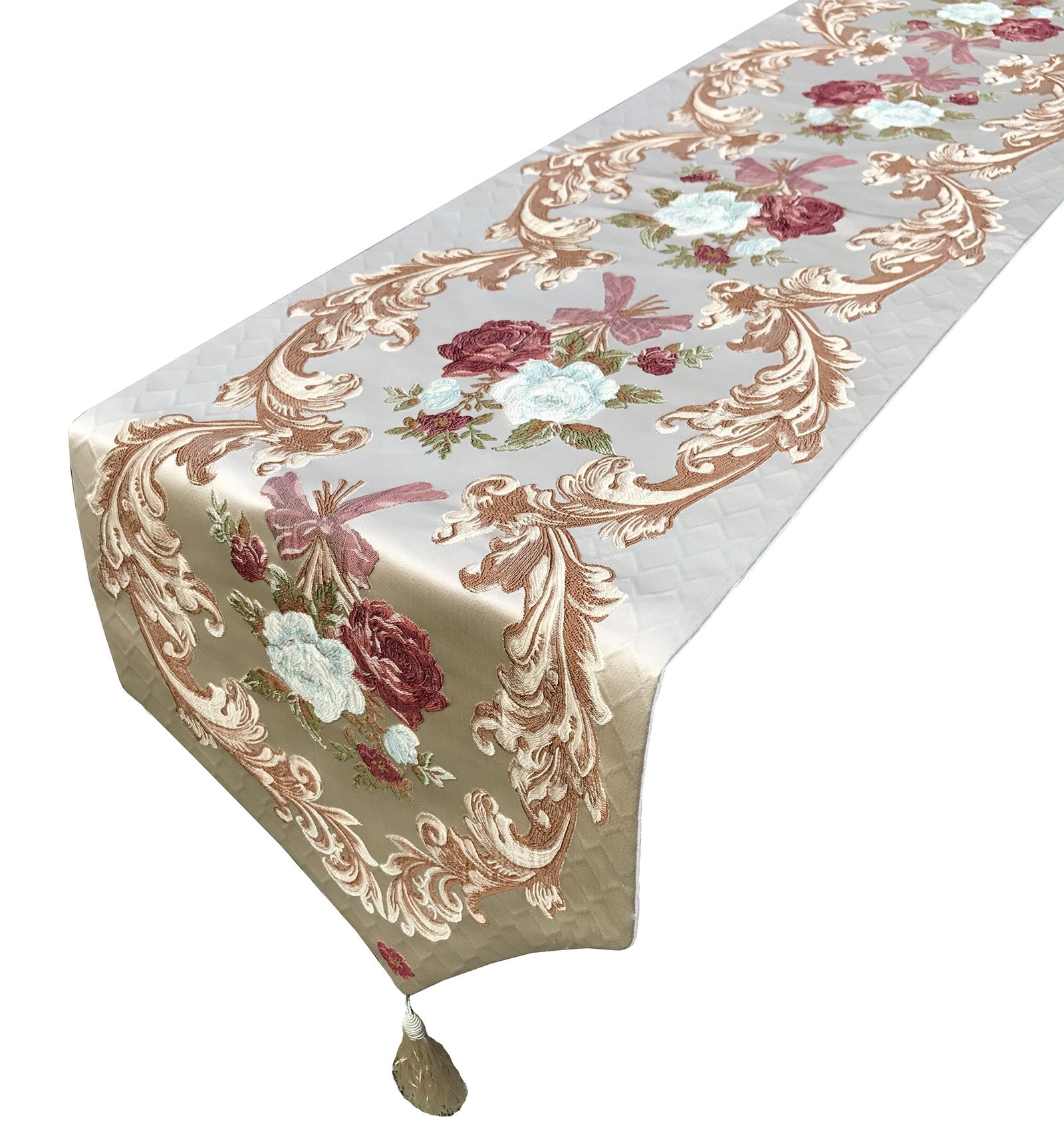 Magilona Home Tablecover Kitchen Decorative Luxurious Cotton Linen Embroidered 3D Floral Pattern Table Runner Tassel Dining Wedd
