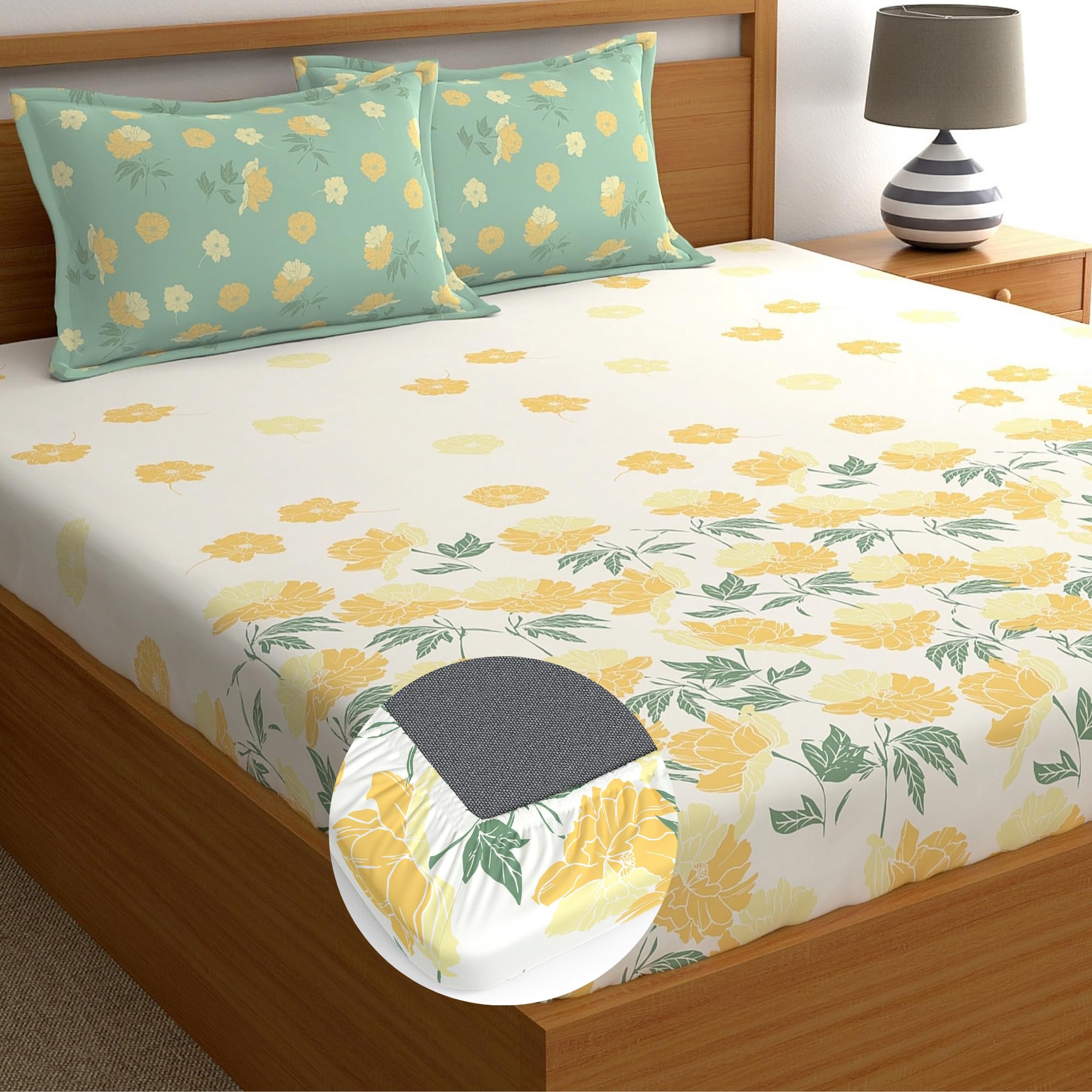 Dreamscape 100% Cotton Queen Fitted Bedsheet with 2 Pillow Covers  (Size 60 x 78 inches, 140 TC, Colour  Beige)