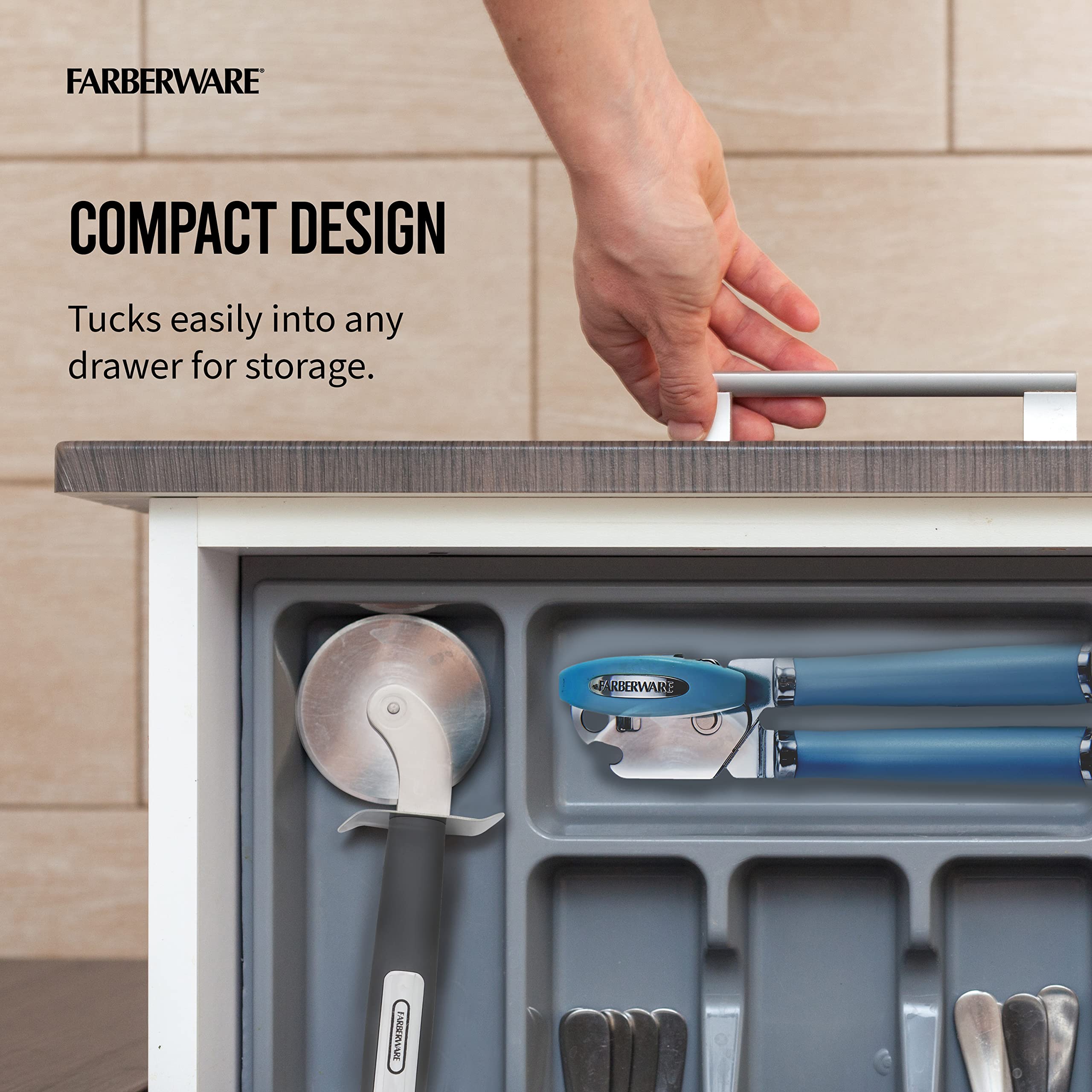 Farberware Professional Retro Can Opener, Stainless Steel, Blue, Built-in Bottle Opener, Model 5242028, Easy Turn Knob, Rust Proof