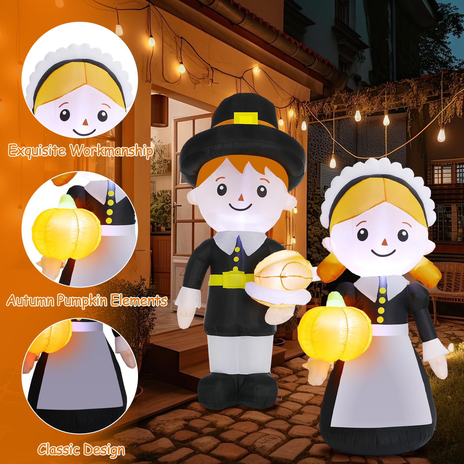 Leyndo 6.3 ft Thanksgiving Pilgrim Inflatable Decoration, 2 Pcs Fall Pilgrim Blow up Outdoor Decoration with LED Lights Harvest