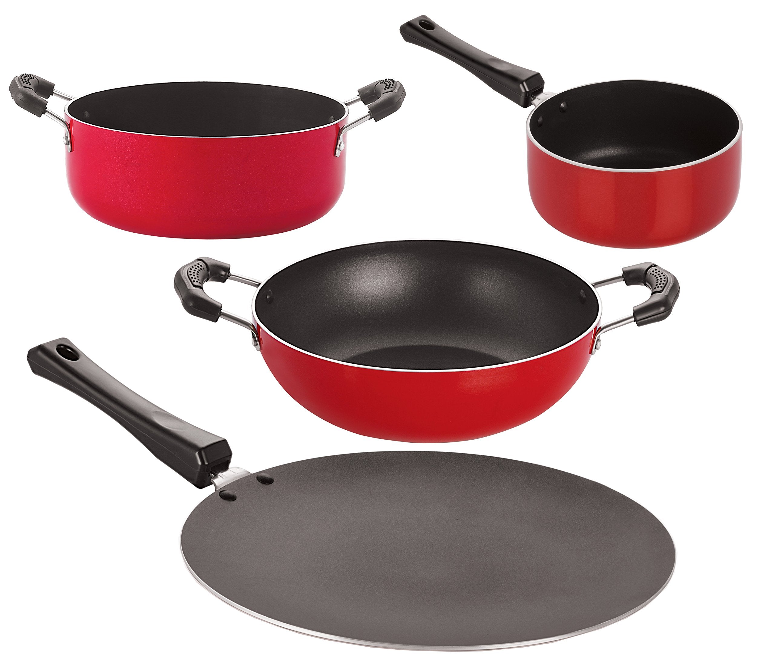 Nirlon NonStick Aluminum Cookware Set, 4Piece, Red And Black (2.6Mm_Ct_Kd13_Spm_Cass22)