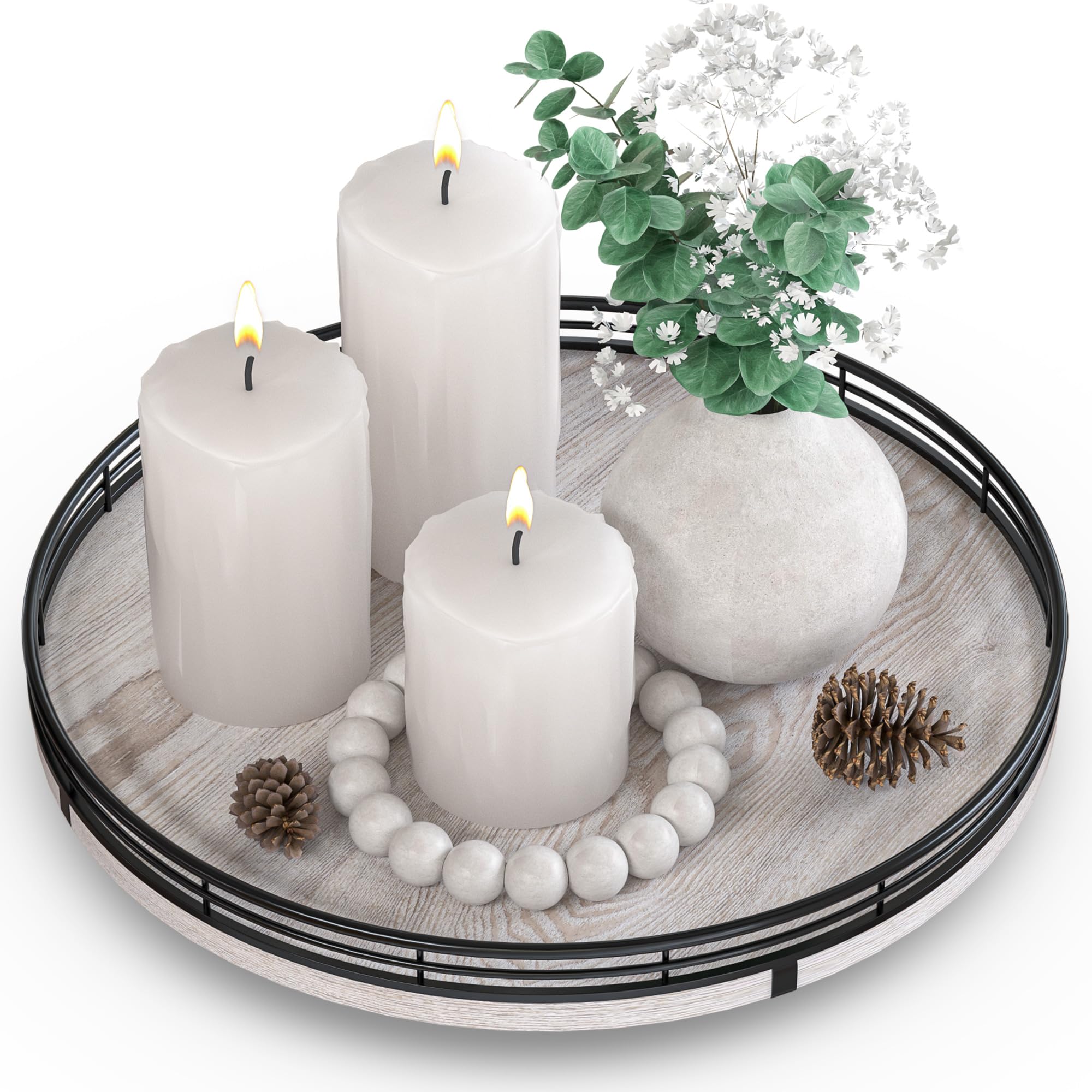 12 Farmhouse Lazy Susan for Kitchen & Coffee Table Decor - Rustic Whitewashed Wood Tray with Black Metal Frame, Decorative Cente