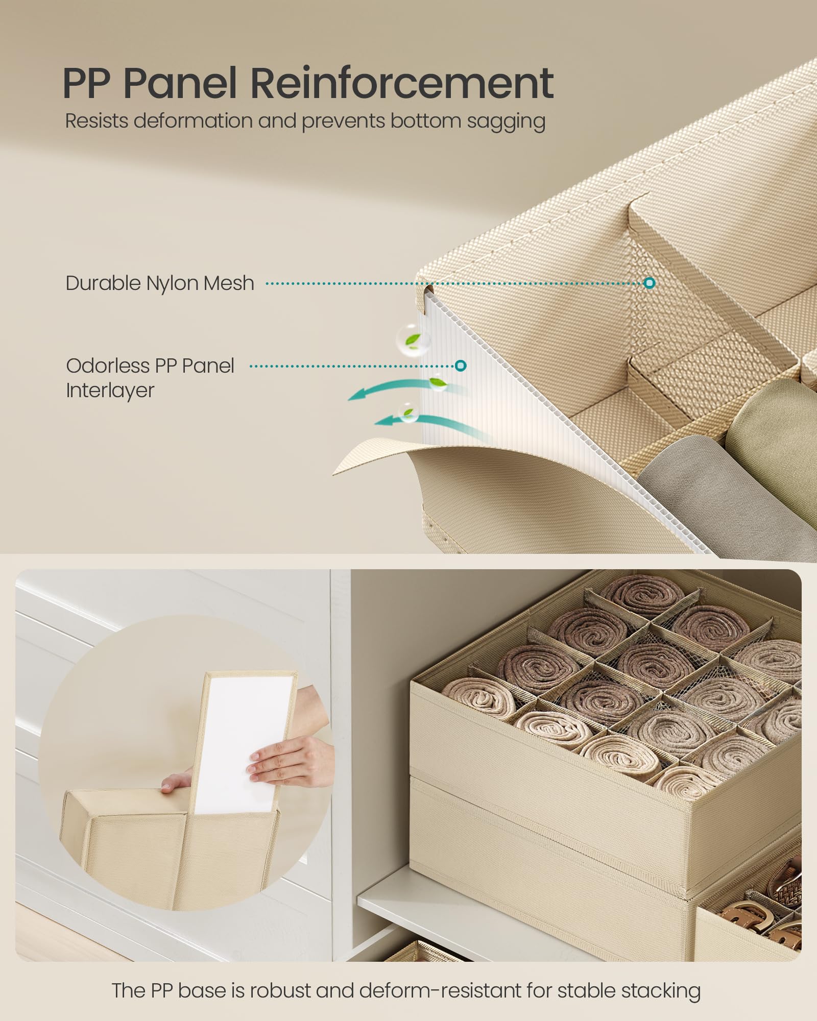 SONGMICS Set of 4 Drawer Organizers, Closet Organizers for Underwear, 80 Cells, Foldable Sock Holders, 11.8 x 11.8 x 3.9 Inches,