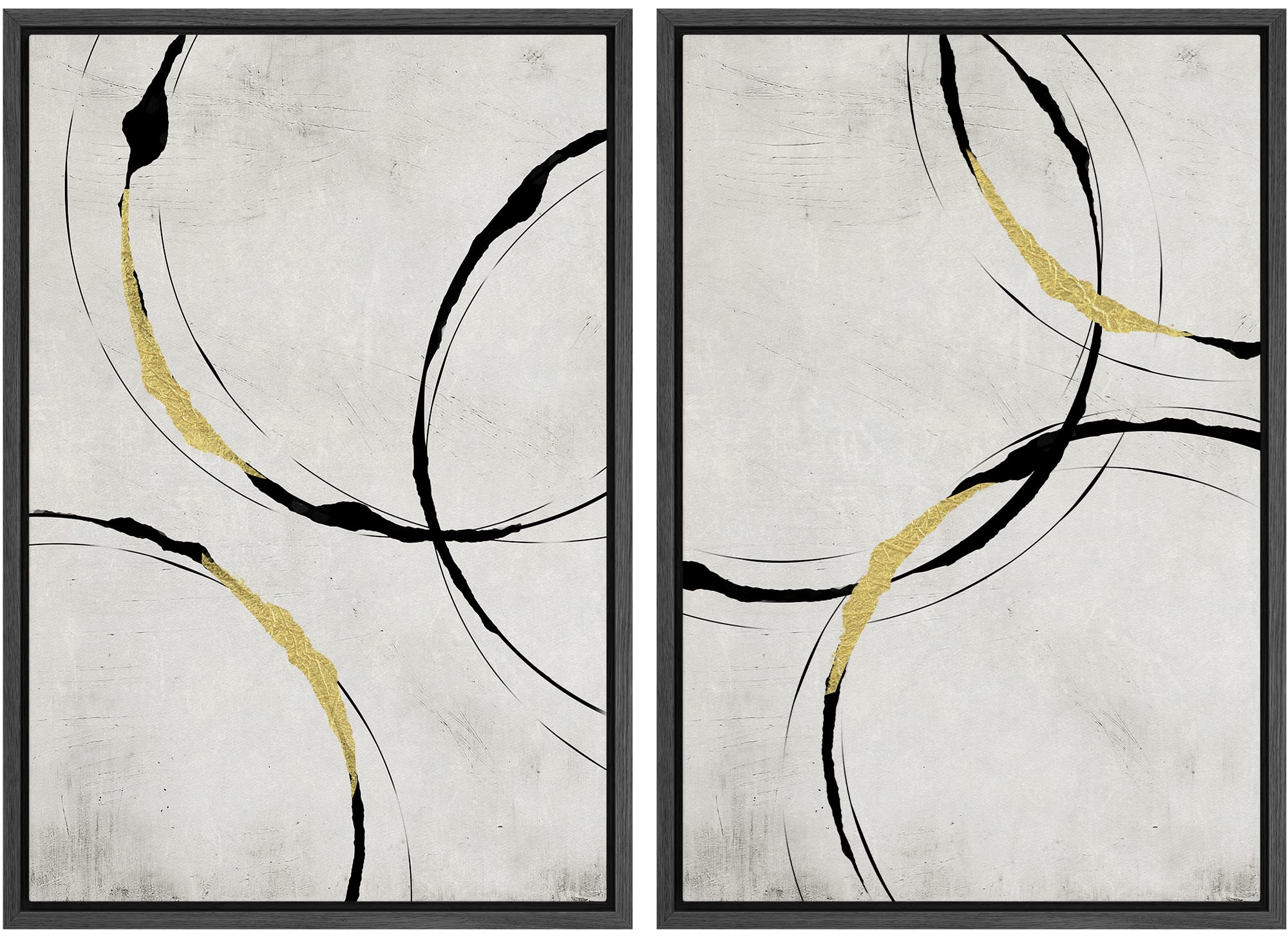 Signwin Framed Canvas Print Wall Art Set Black Gold Geometric Ring Pattern Abstract Shapes Illustrations Minimalism Decorative B