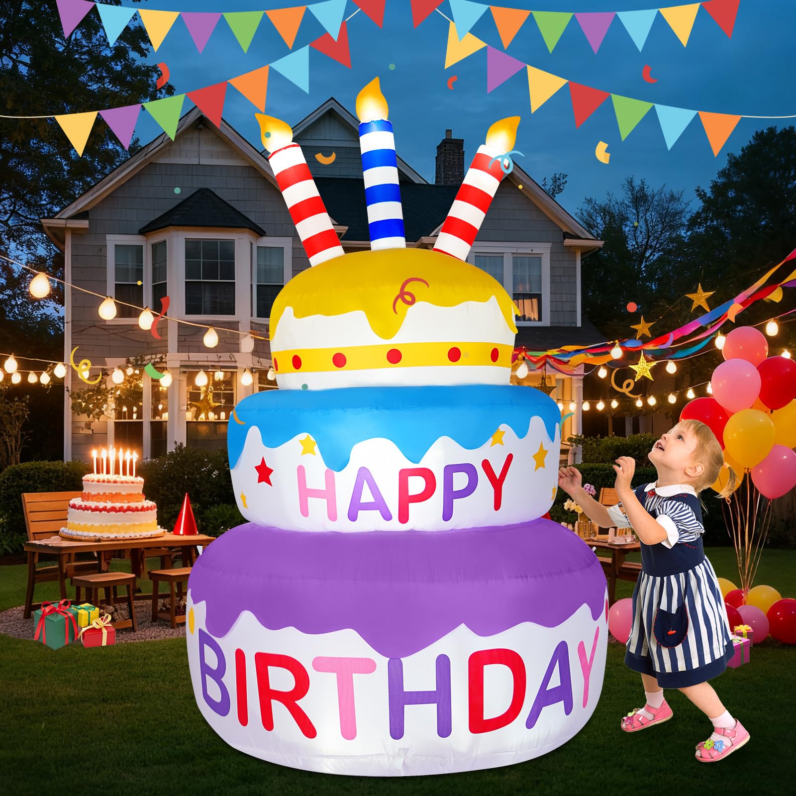 B&D 6FT Happy Birthday Cake Inflatable with 180 Rotation, 3-Color Yellow Blue Purple Tiered Cake with Sparkling LED Lights, Blow