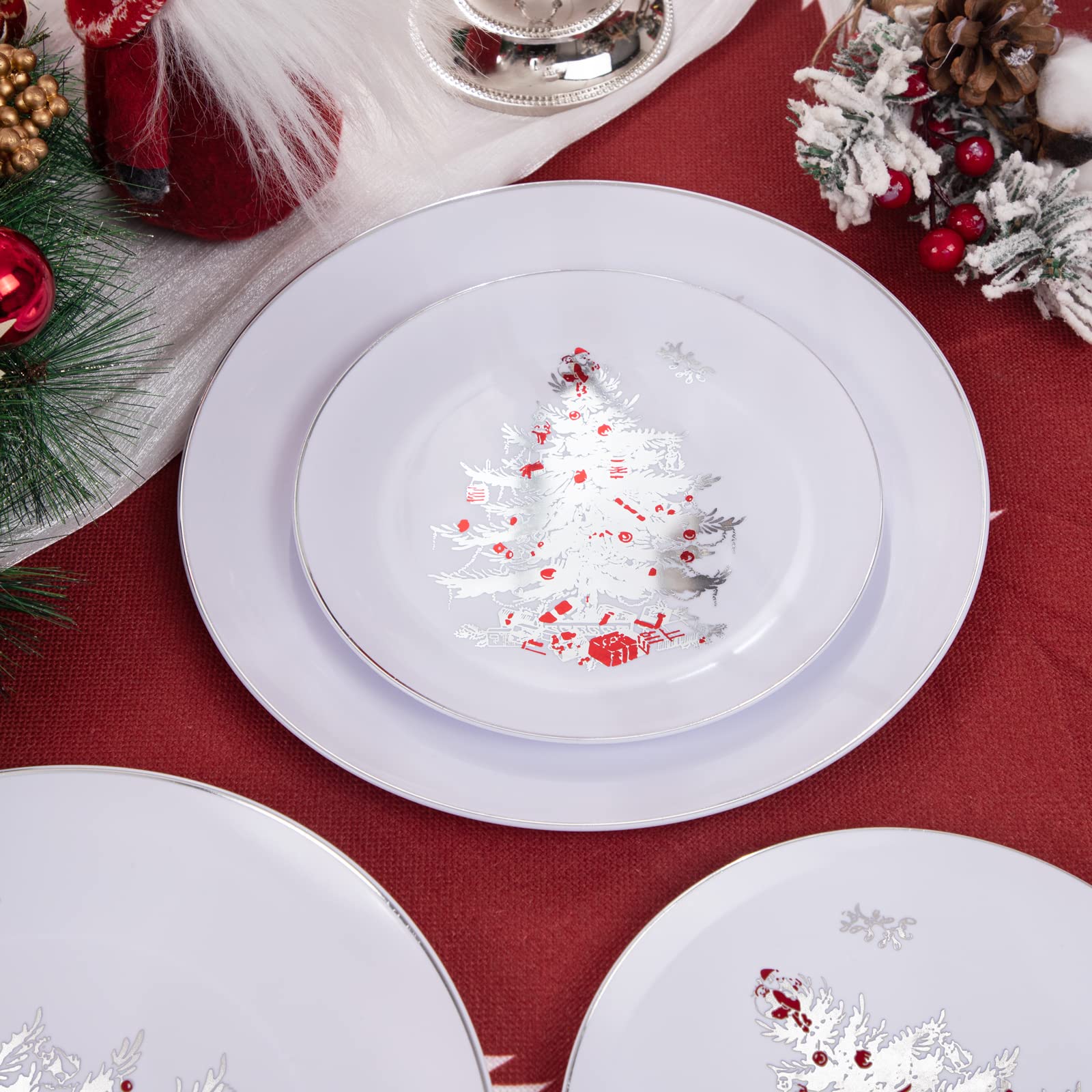 Rubtlamp 60PCS Christmas Plastic Plates, Disposable Party Plates, White Plastic Plates with Silver Christmas Tree Include 30Whit