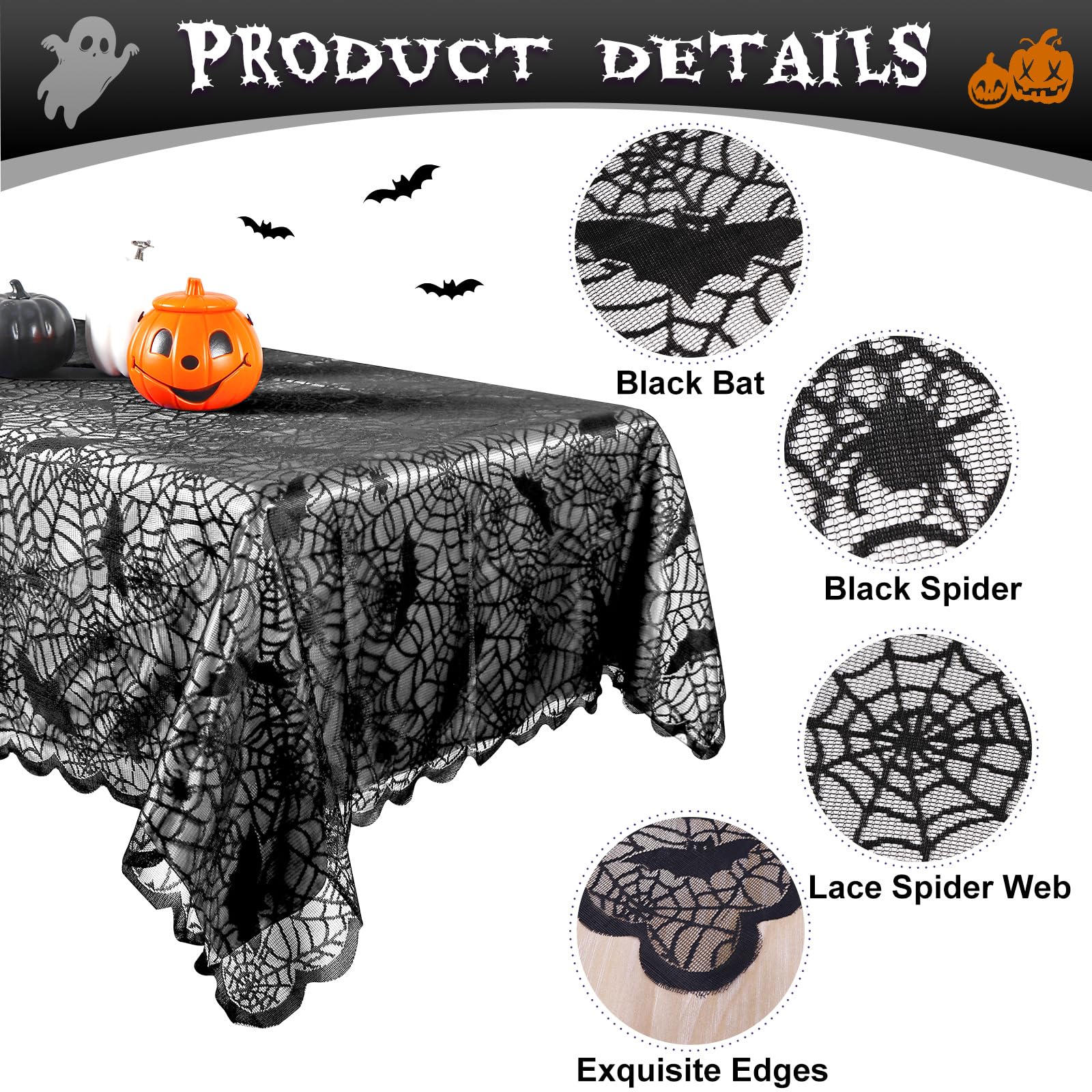 OurWarm Halloween Tablecloth, Rectangular Polyester Lace Tablecloth Black Spider Web Tablecover for Scary Movie Nights Halloween