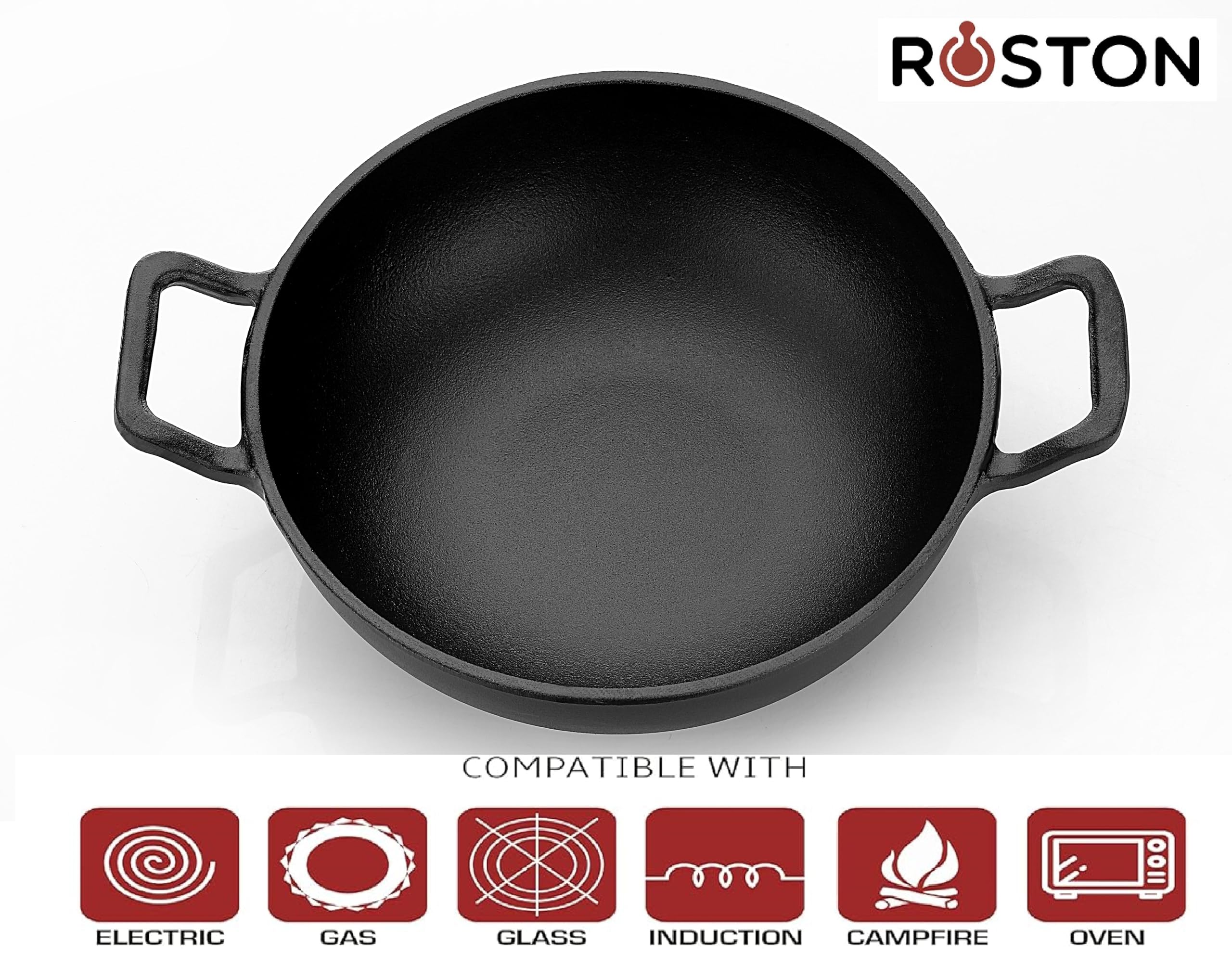 ROSTON Cast Iron Kadai Pre Seasoned Kadhai Wok 26 cm Cast Iron Cookware Deep Kadai, Iron Deep Kadai, Black