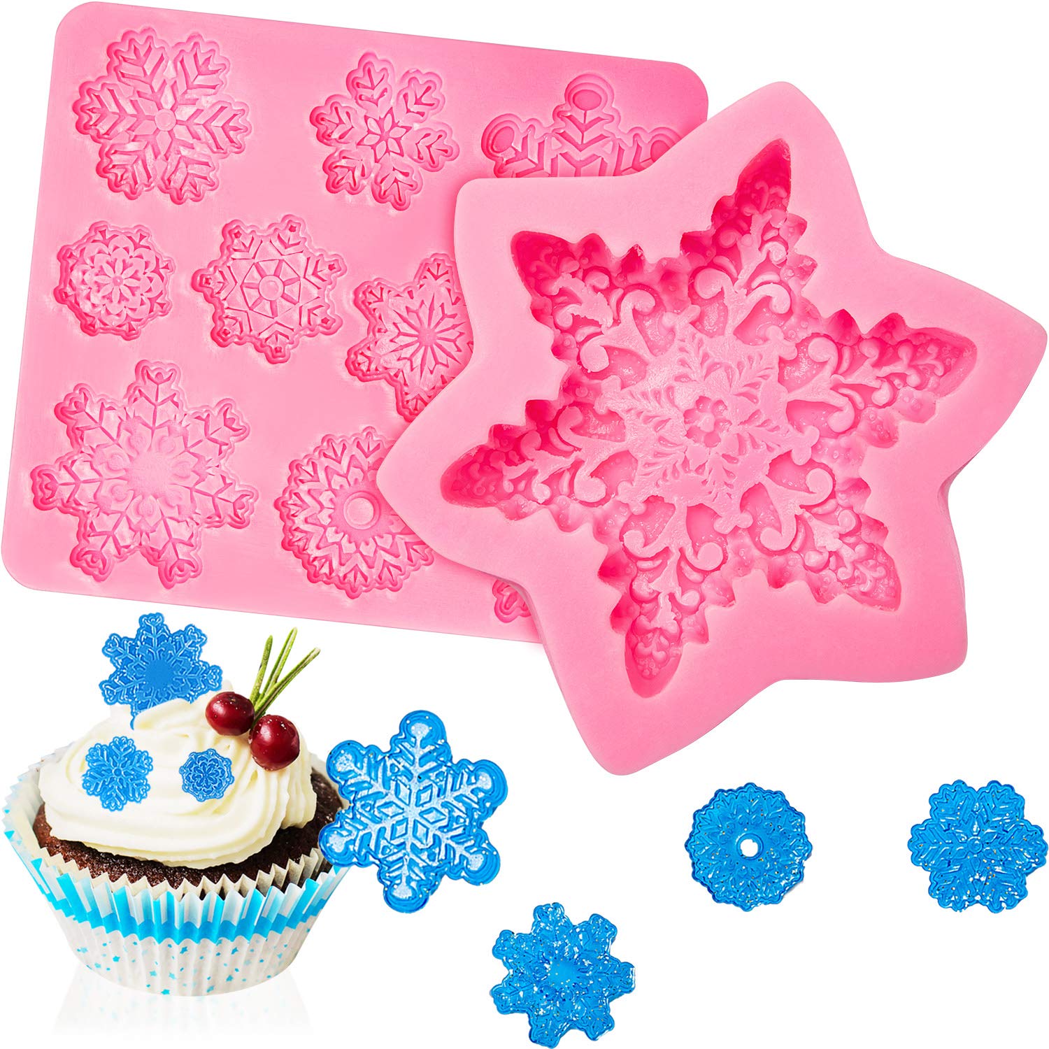 Boao 2 Pieces Snowflake Silicone Mold Christmas Snowflake Chocolate Candy Fondant Mold Silicone Baking Dessert Mold For Cake Cup