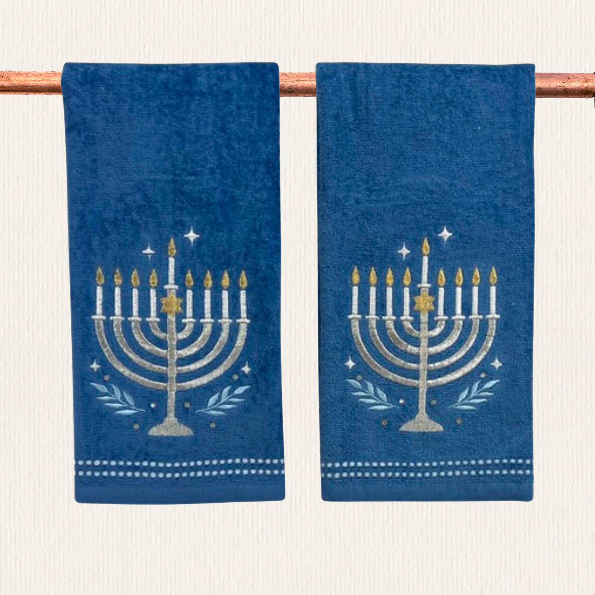 Hanukkah Menorah Bath Hand Towel Set, 16 X 25 Inches, Set Of 2, Blue Cotton Guest Towels