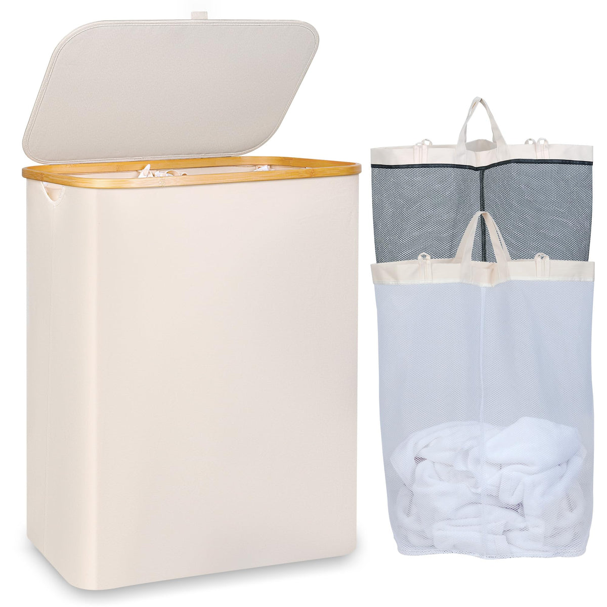 Iegrow 150L Laundry Basket With Lid, Large Laundry Hamper With Bamboo Handle, Collapsible Dirty Clothes Hamper Organizer With Re