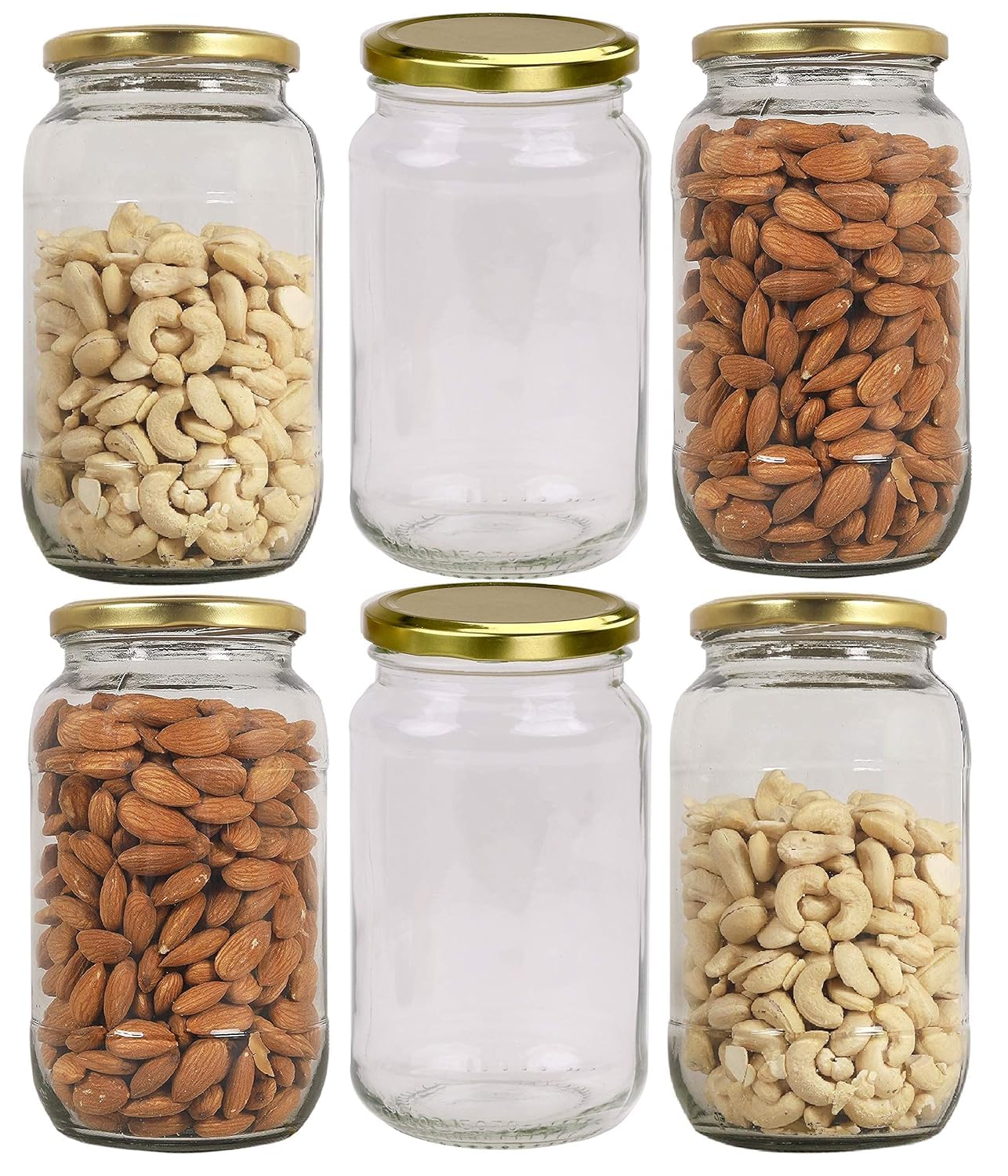 Home Stuffs  Round Shape Kitchen Storage Glass Jar & Containers With Airtight Metal Golden Lid 1000 Ml  Set Of 6