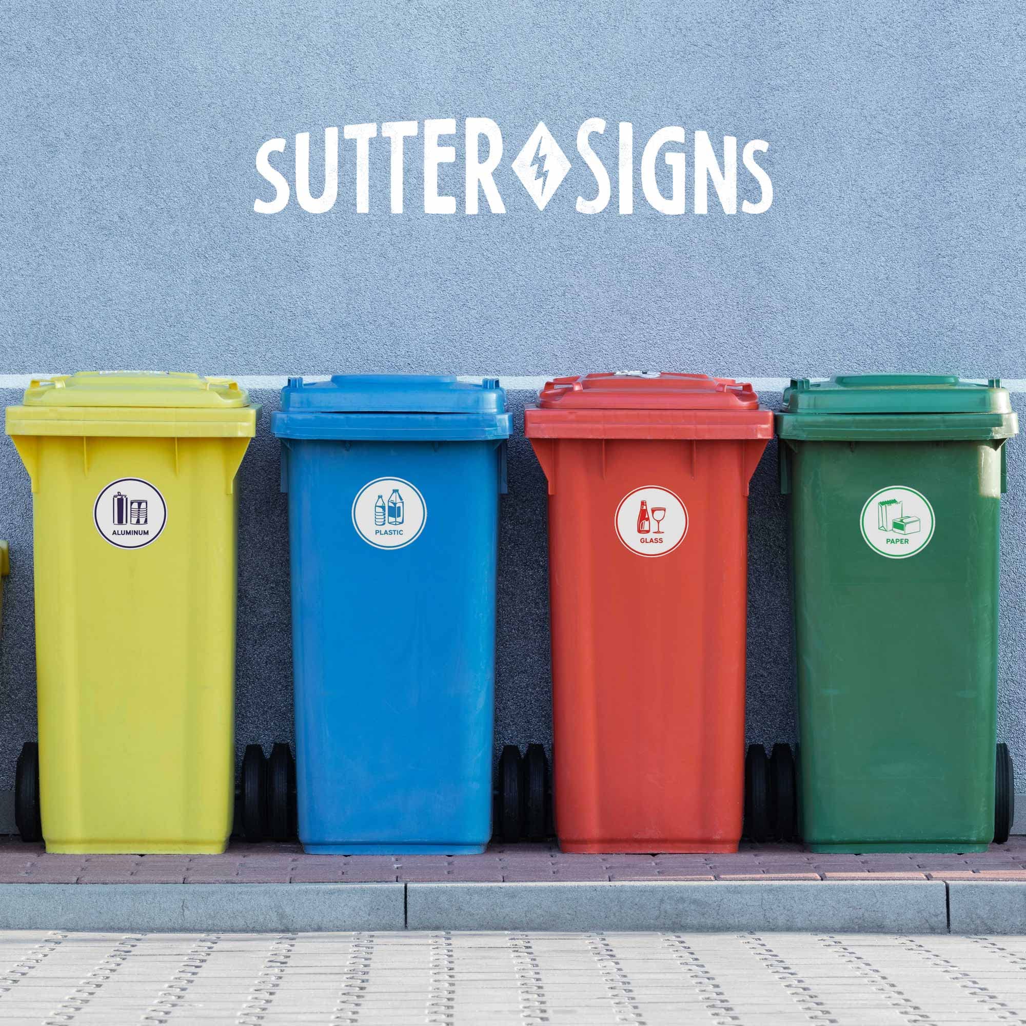 Recycling Sorting Sticker Signs Decals - Paper  Aluminum  Plastic  Glass (Set of 4 Recycle Stickers for Cans and Bins)