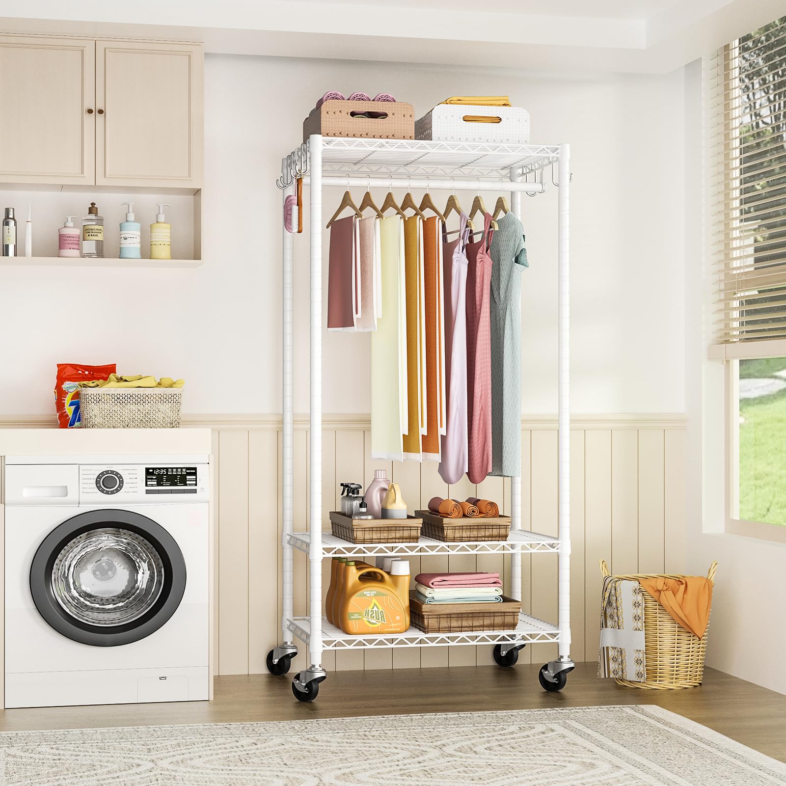 Futassi P6 Medium Rolling Clothes Rack Heavy Duty, Clothing Racks For Hanging Clothes, Freestanding Garment Rack With Wheels, Po