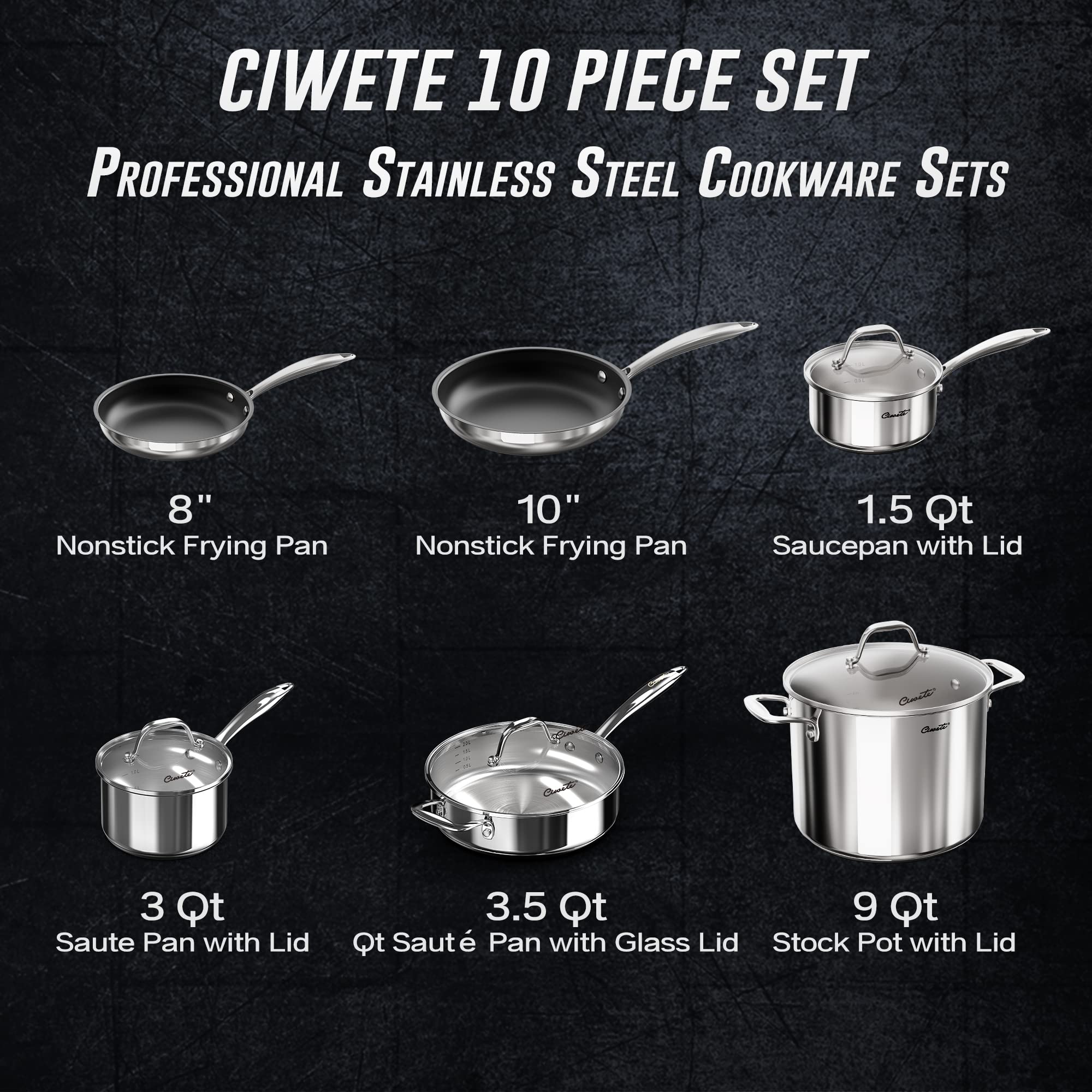 Ciwete Stainless Steel Pots and Pans Set 10 Piece, Kitchen Cookware Set with Nonstick Frying Pans and Glass Lids, Induction Cook