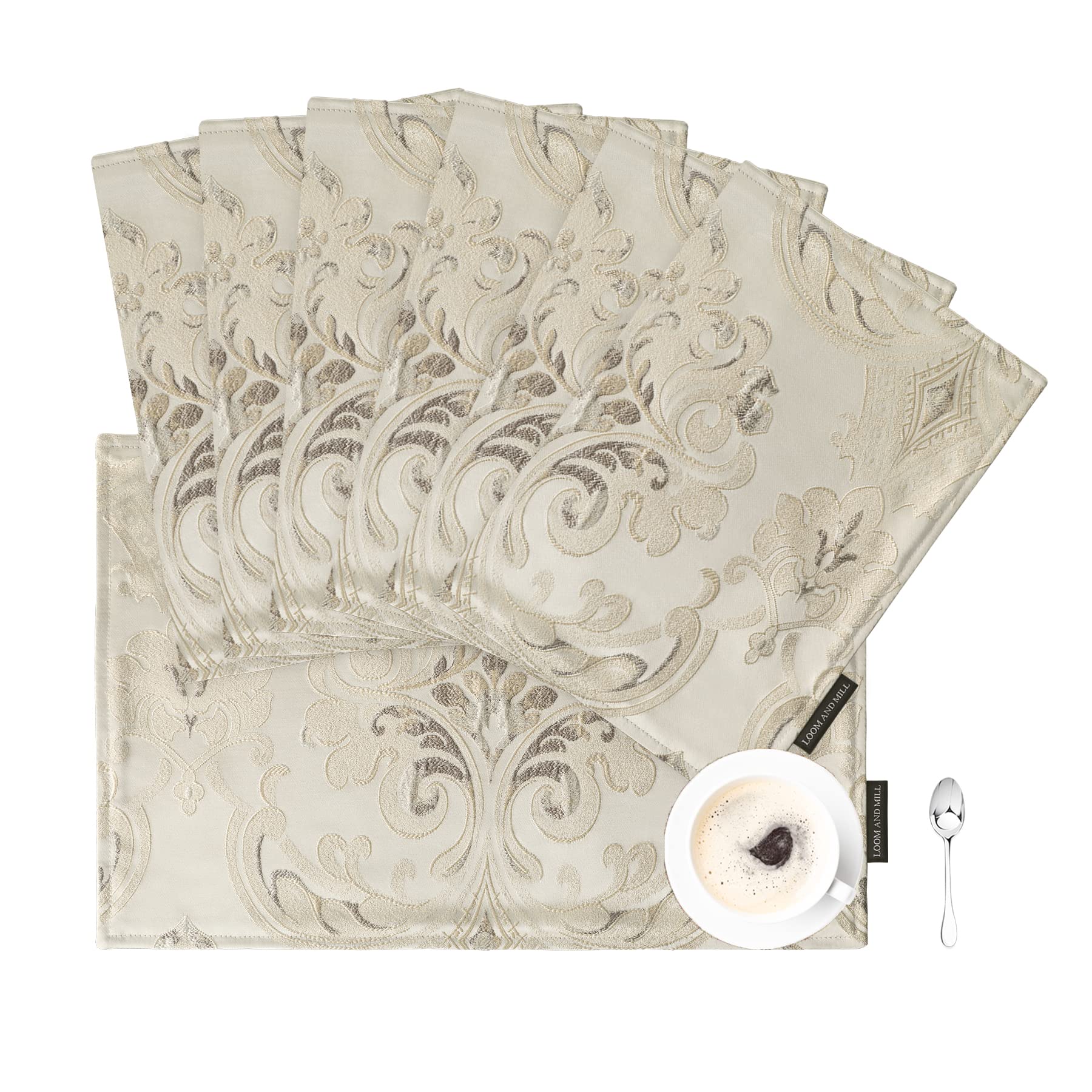 Loom And Mill Luxury Damask Placemats Set Of 6, Floral Jacquard Table Place Mats For Dining Table Kitchen Room Thanksgiving Chri