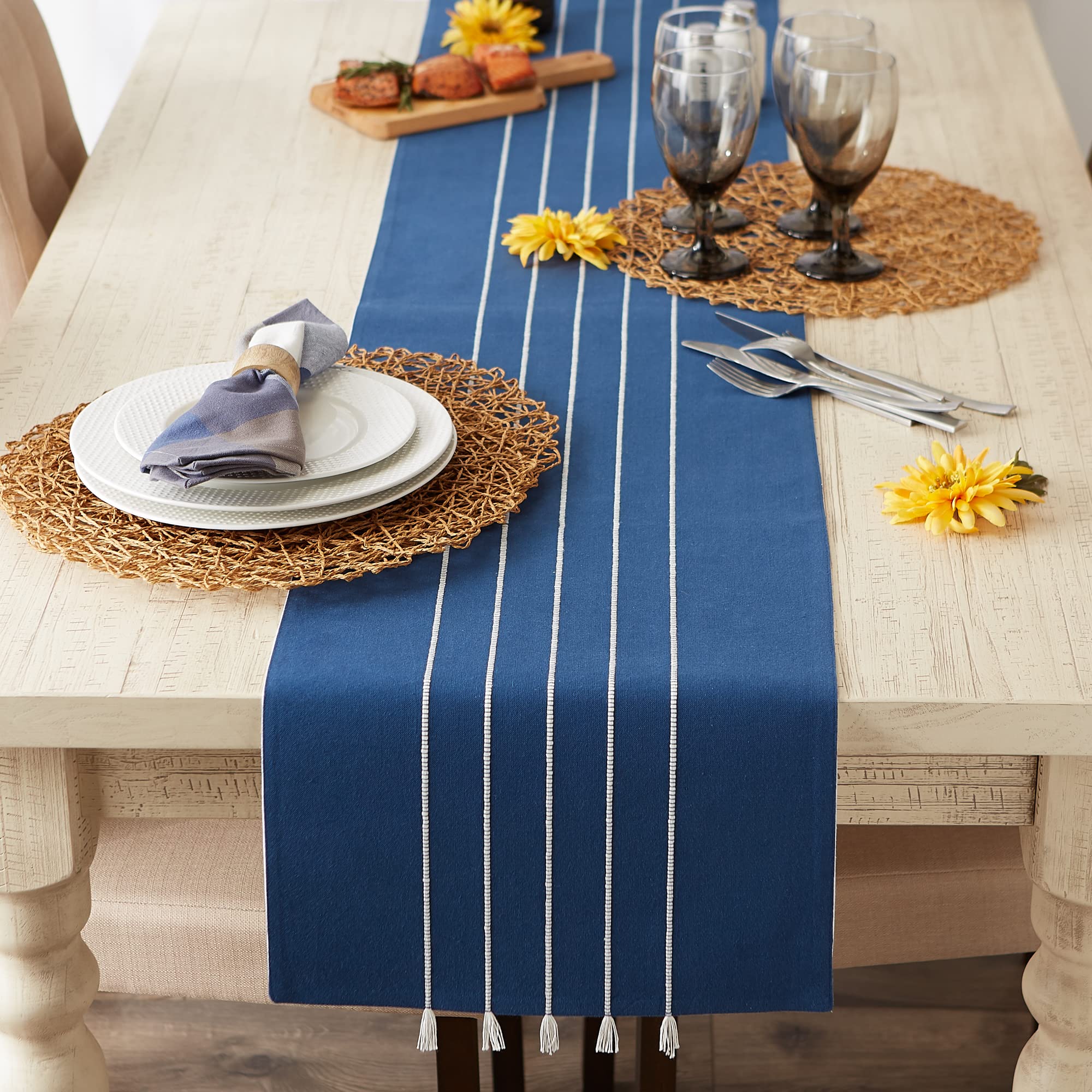 Dii Tassel Stripe Tabletop Collection Decorative, Machine Washable, Table Runner 14X72, Navy & Off-White