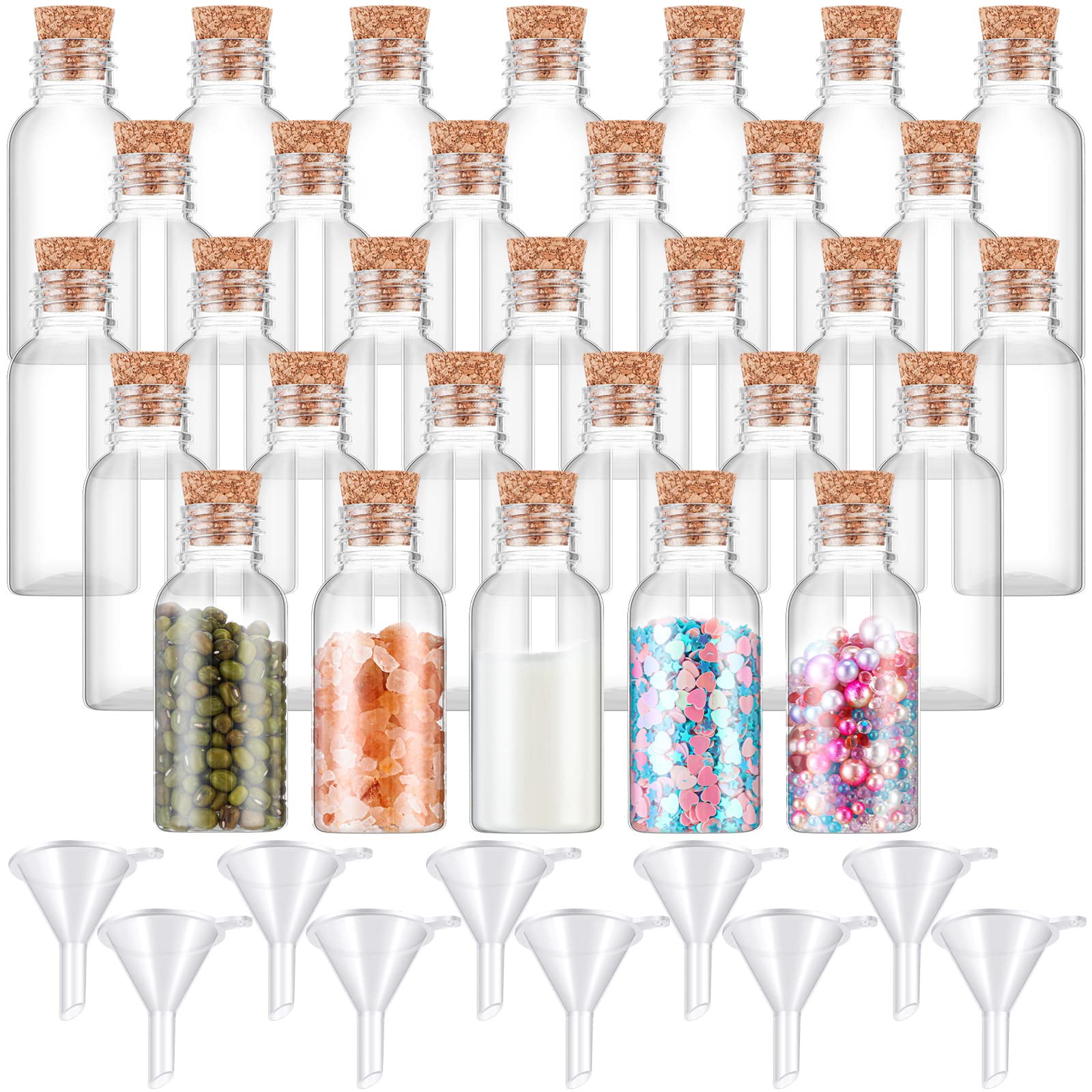 50 Packs 1 oz Plastic Sand Art Bottles with Cork Stoppers Mini Vial Potion Bottles Perfume Cork Bottle with 10 Mini Funnels for 