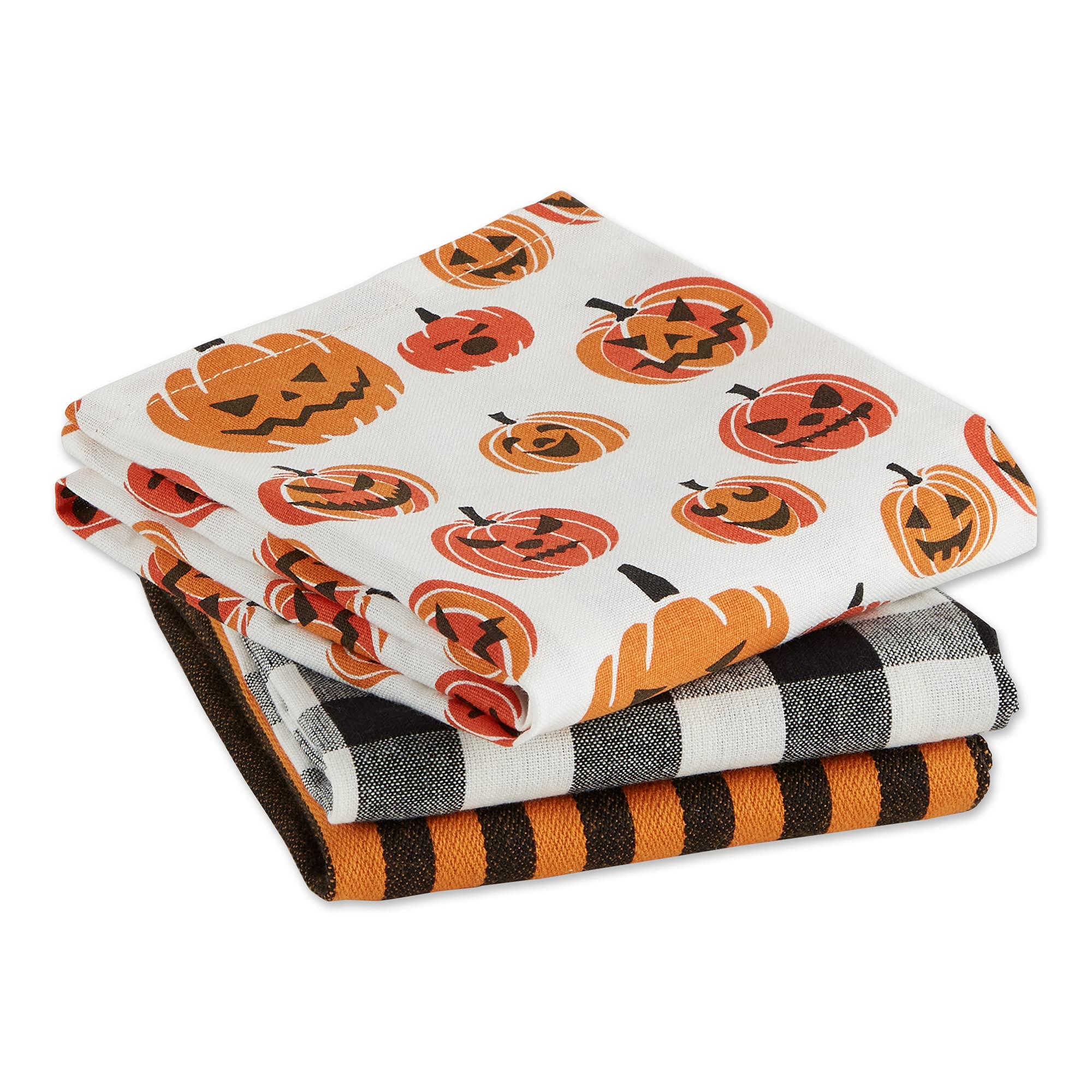 DII Halloween Hand Towels for The Kitchen Decorative Spooky & Fun Cotton Printed Dishtowel Set  18x28  Black & White Buffalo Check/Orange Stripes  3 Count