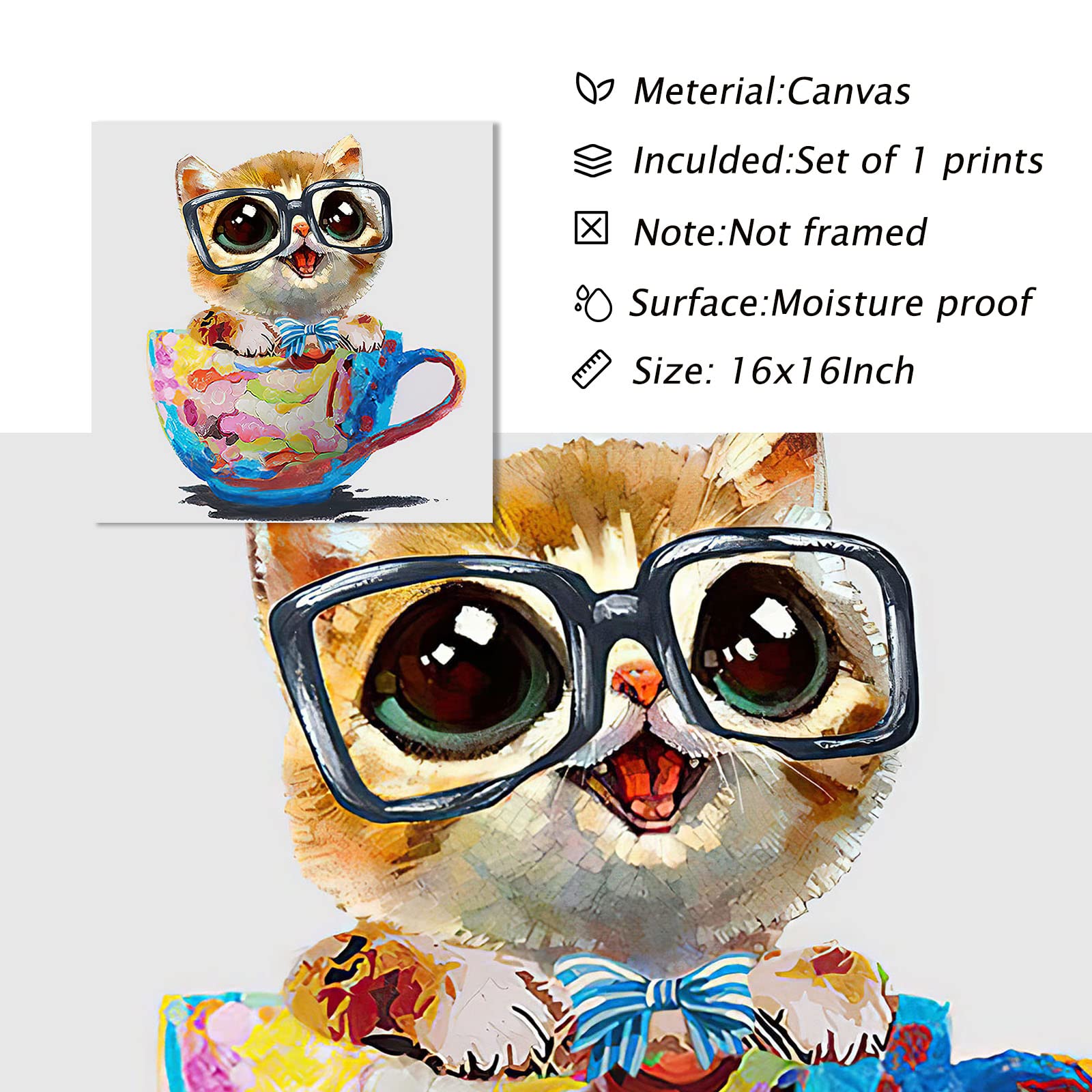 Watercolor Cat Canvas Art Cat In A Cup Canvas Painting Cat Picture Prints Cat Art Prints Cute Animal Poster Cat With Glasses Wal