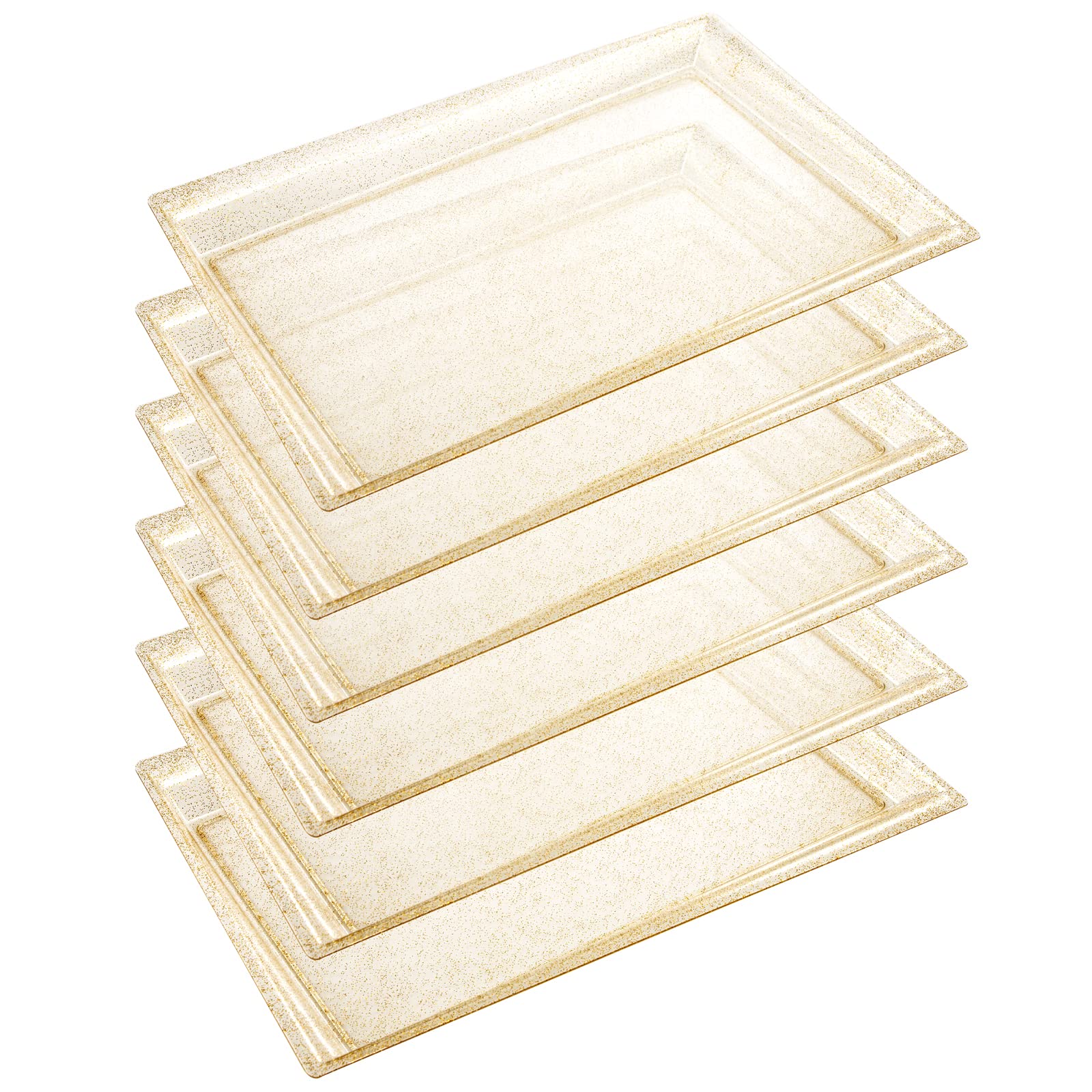 I00000 6 Pack Gold Glitter Plastic Serving Tray, 15'' X 10'' Crooked Food Trays, Clear Disposable Serving Platter For Parties, W