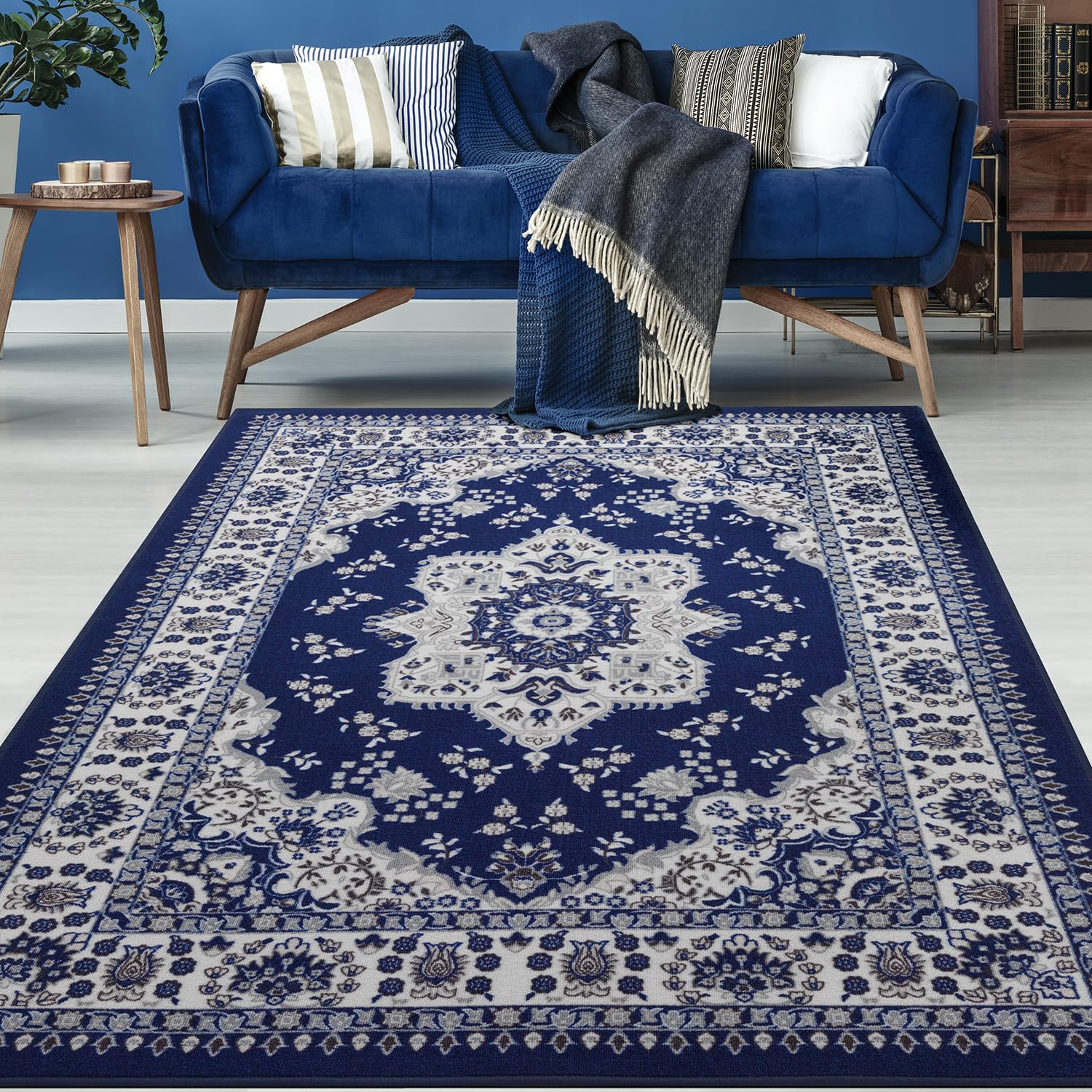 Antep Rugs Alfombras Oriental Traditional 5x7 Non-Skid (Non-Slip) Low Profile Pile Rubber Backing Indoor Area Rugs (Navy Blue, 5