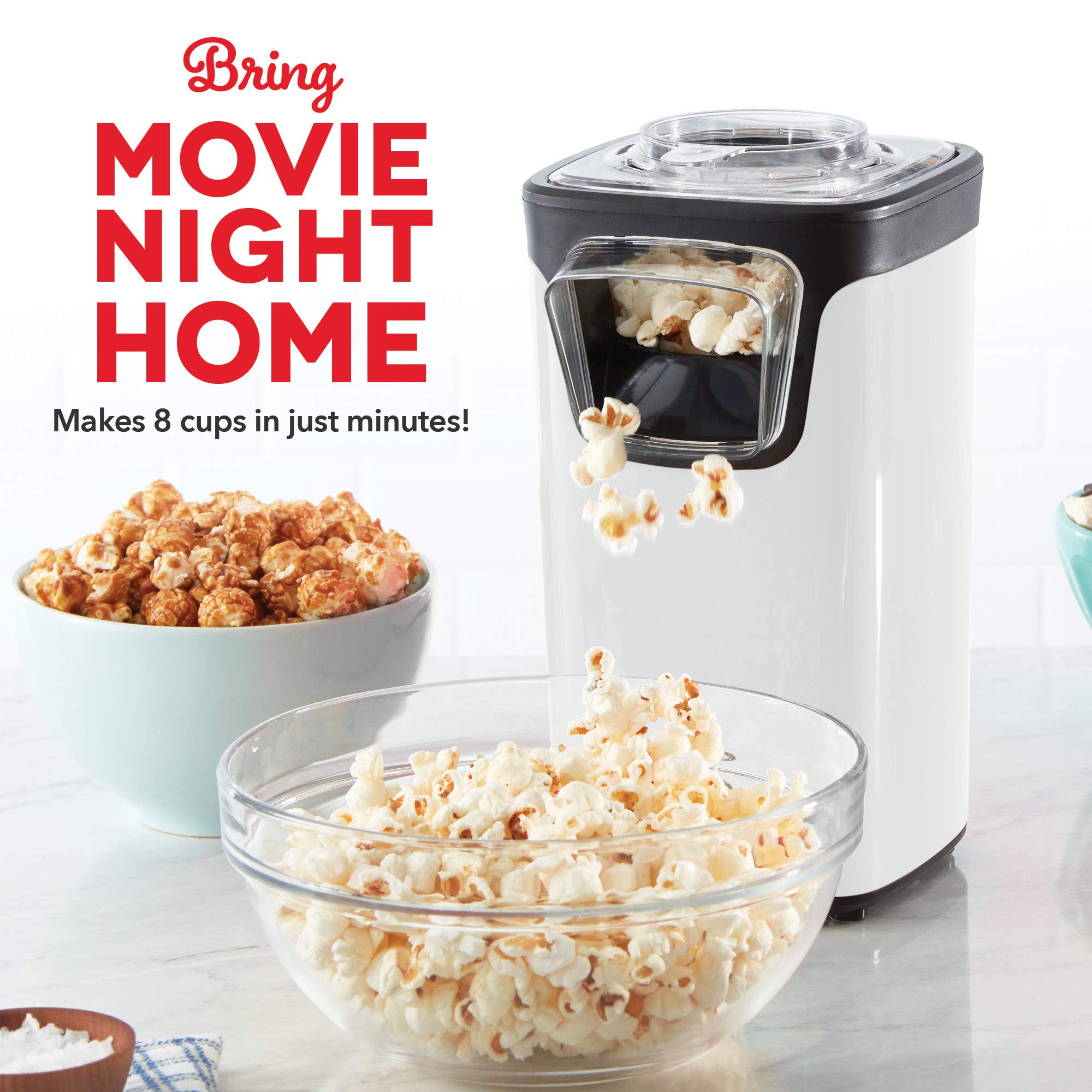 Dash Turbo Pop Popcorn Maker With Measuring Cup To Portion Popping Corn Kernels + Melt Butter, 8 Cup Popcorn Machine - White
