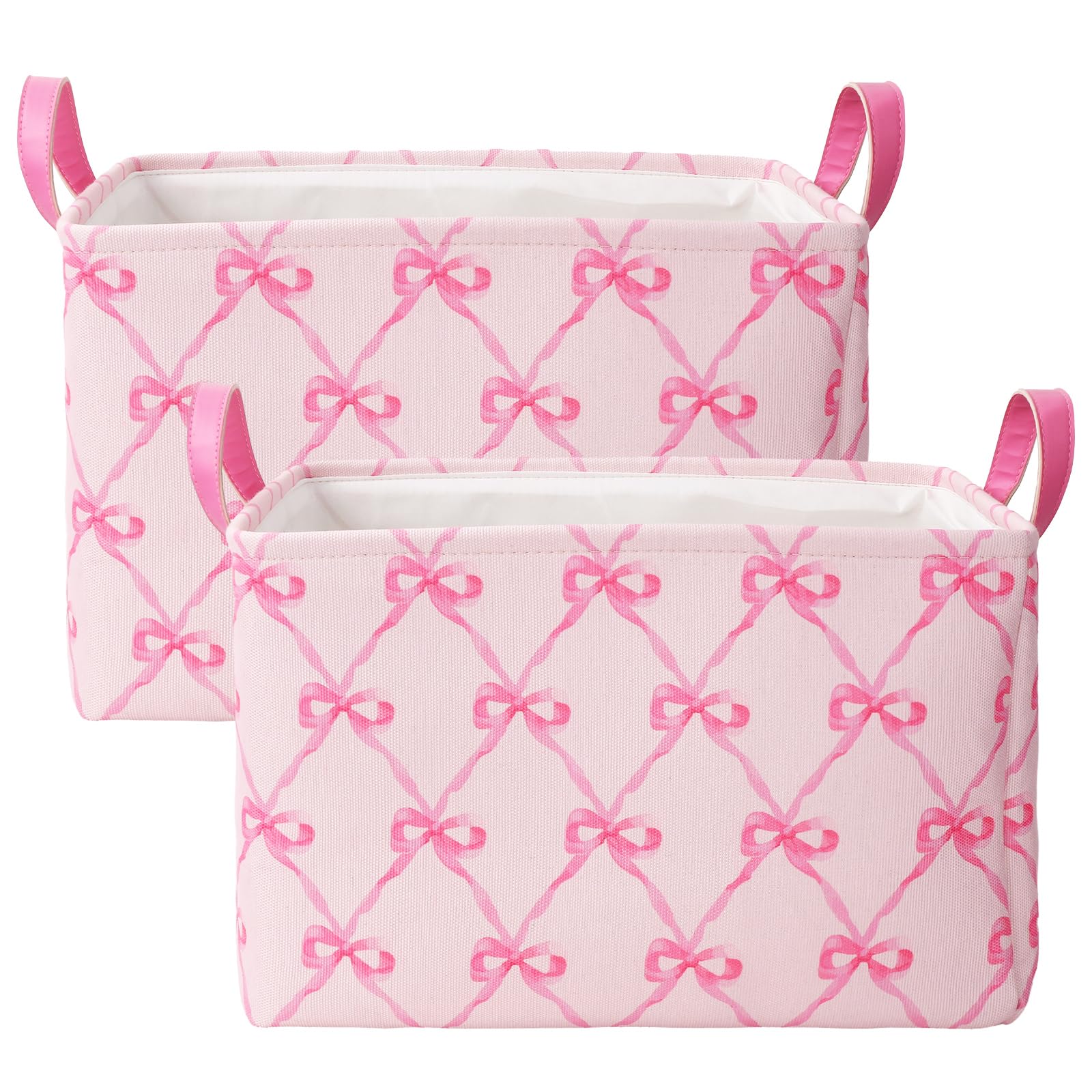 FYSUIMU 2 Pcs Pink Bow Storage Basket Pink Storage Bin with Handle Large Fabric Organizer Box for Home Office Organizer Decor