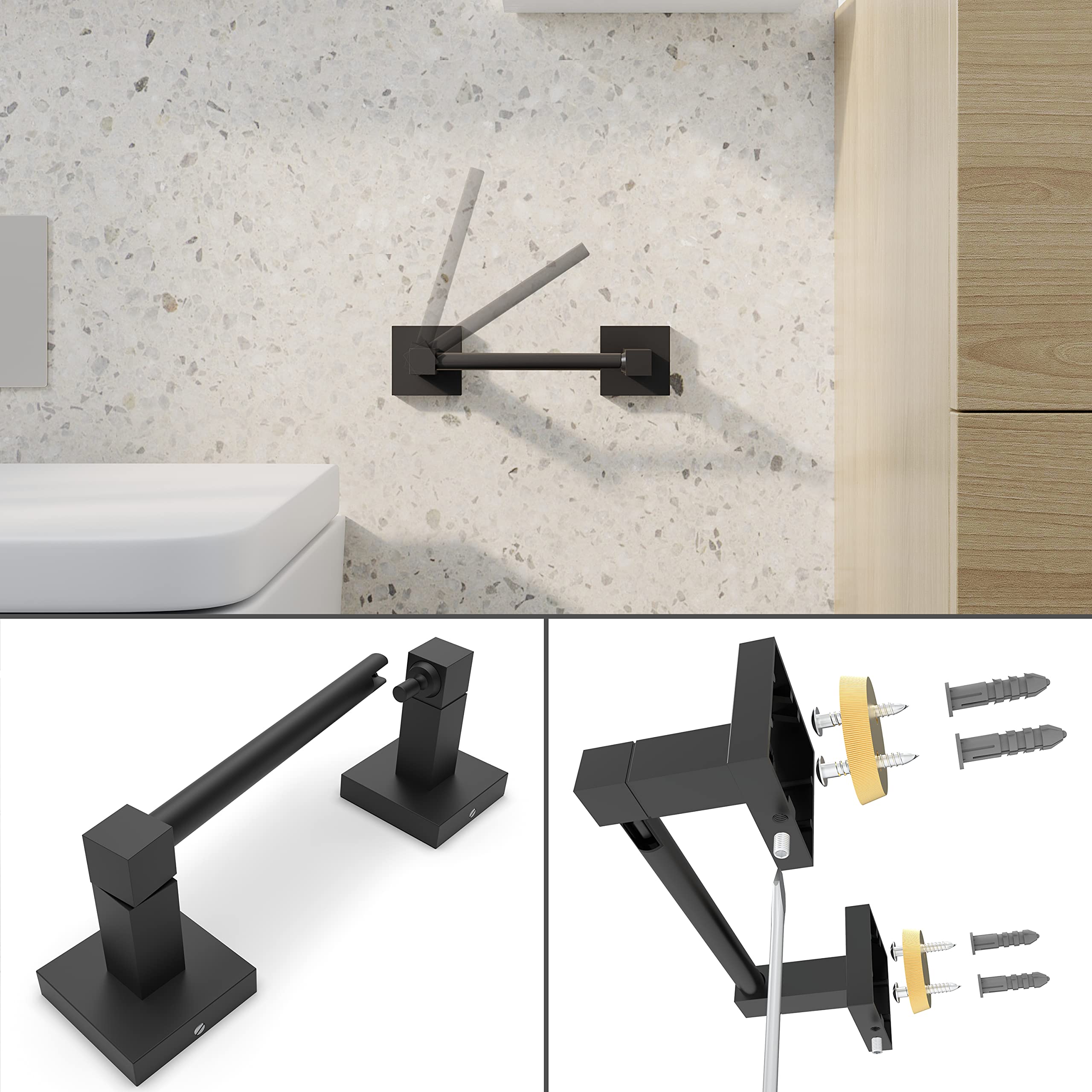 Ruacq 4 Pieces Bathroom Hardware Set Matte Black Square Stainless Steel And Zinc Alloy Modern Wall Mounted,18-Inch Towel Bar,Toi