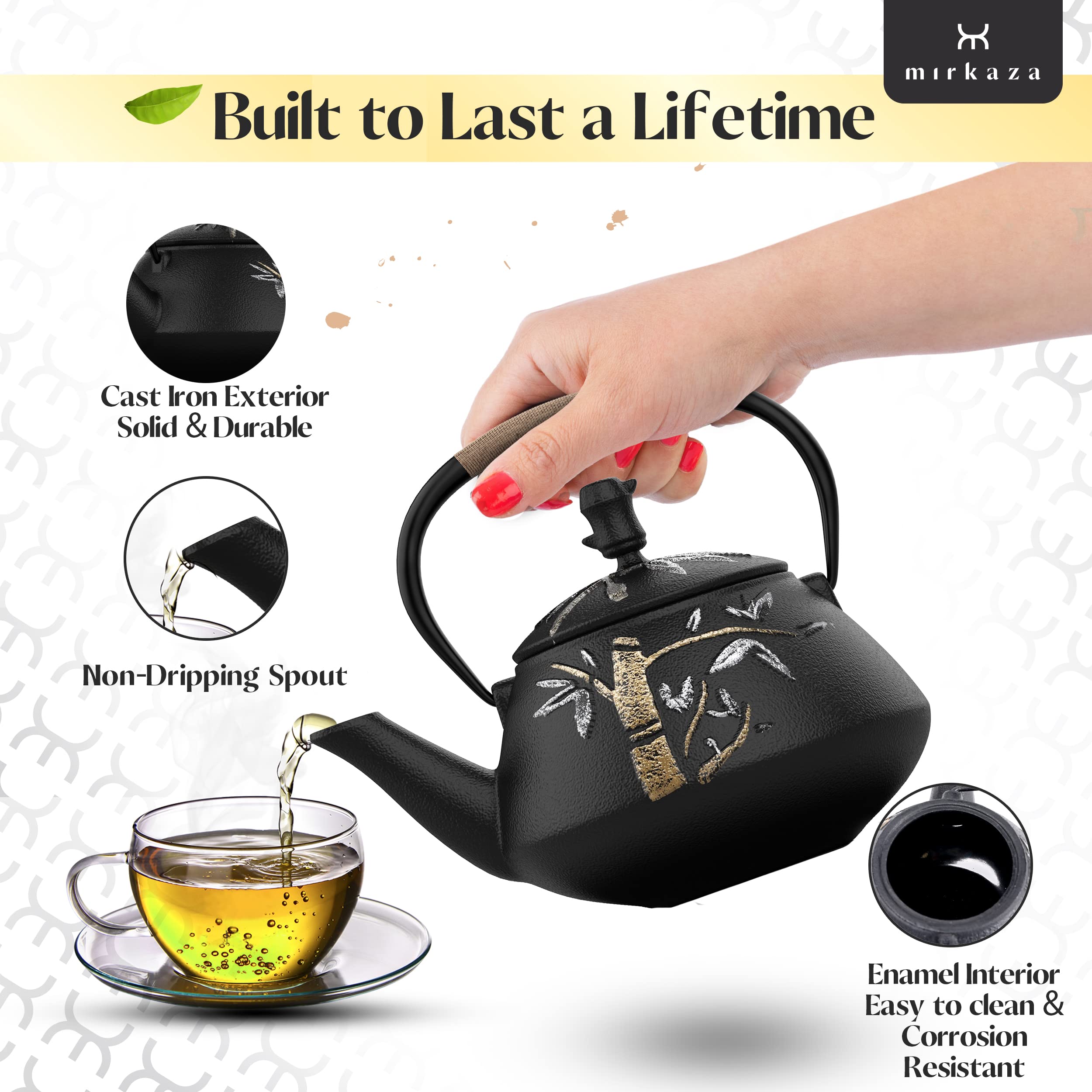 Tea Kettle, Cast Iron Tea Pot With Stainless Steel Infuser, Japanese Tea Pots For Stove Top, Unique Hand Painted Bamboo Pattern,