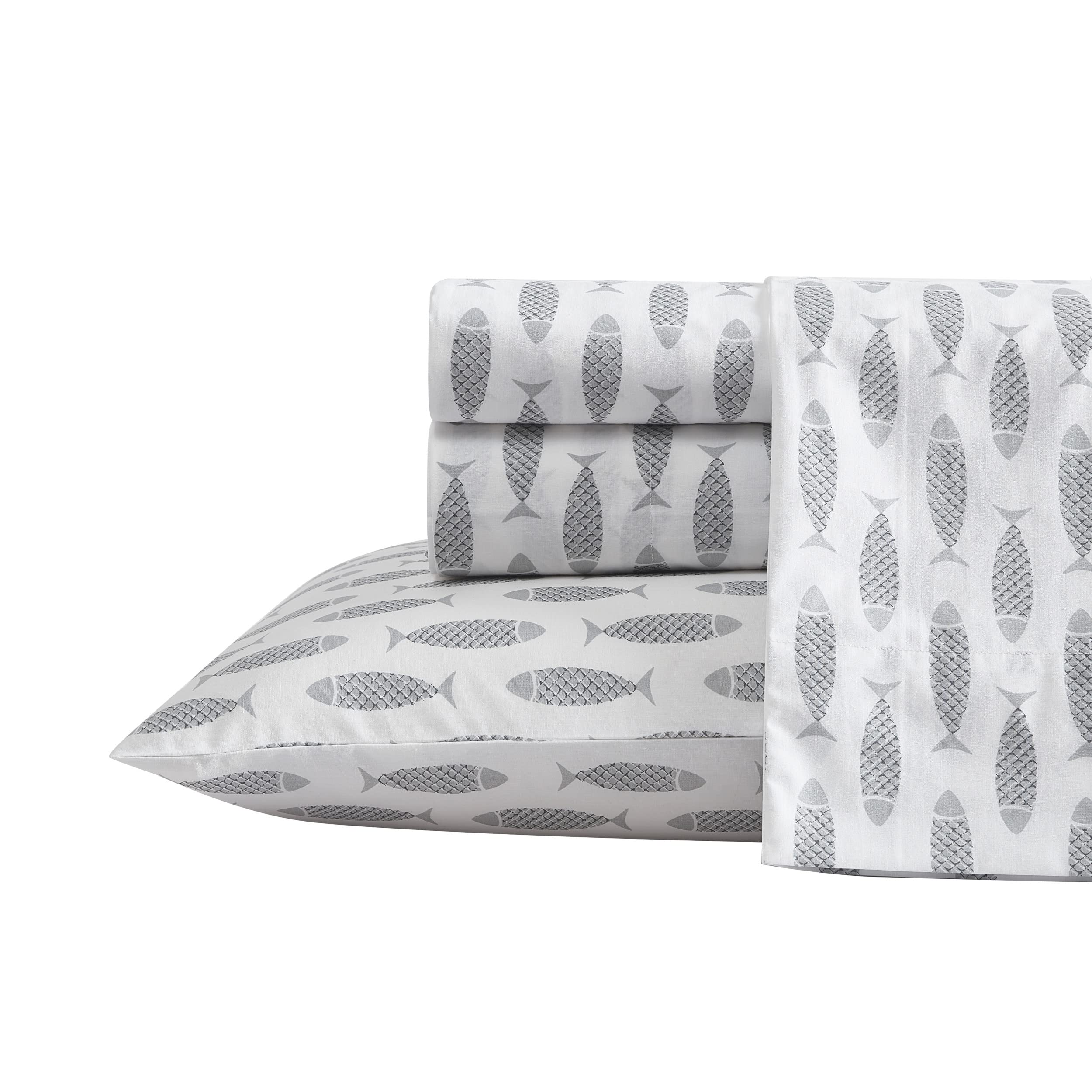 Nautica- Twin Sheet Set, Cotton Percale Bedding Set, Crisp  Cool, Lightweight  Breathable (Woodblock Fish Grey, Twin)