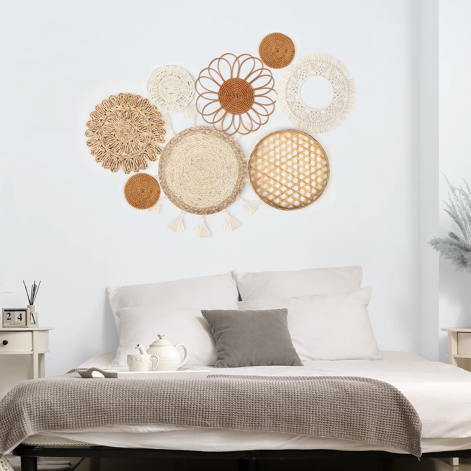 Set Of 8 Boho Wall Basket Decor Flat Woven Basket Wall Decor Set Rattan Wall Decor Round Bamboo Hanging Wall Basket Macrame Tass
