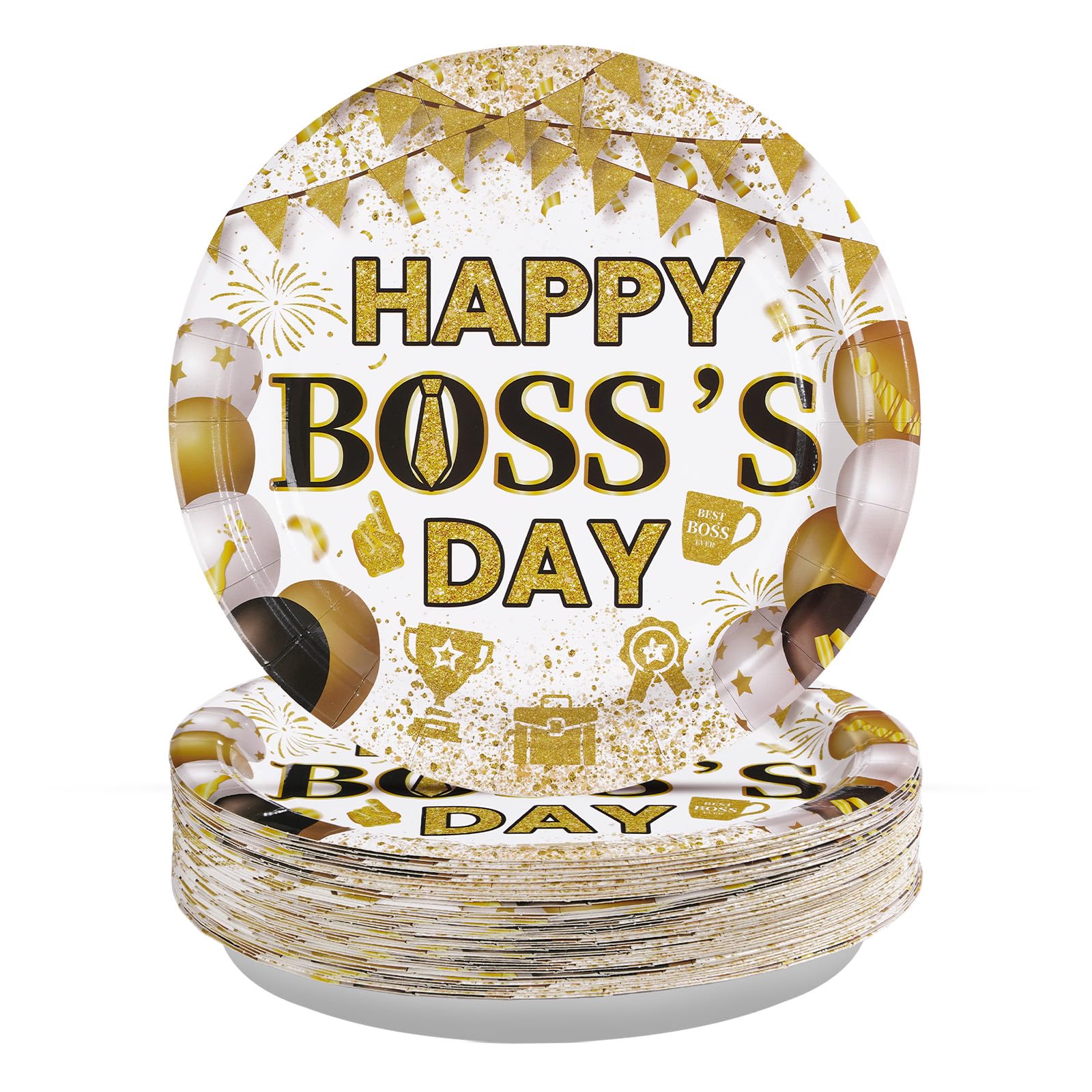 Grencian 50 PCS Happy Bosss Day Paper Plates 9 Large Heavy Duty Disposable Best Boss Ever Platters Gold White Dessert Plate for