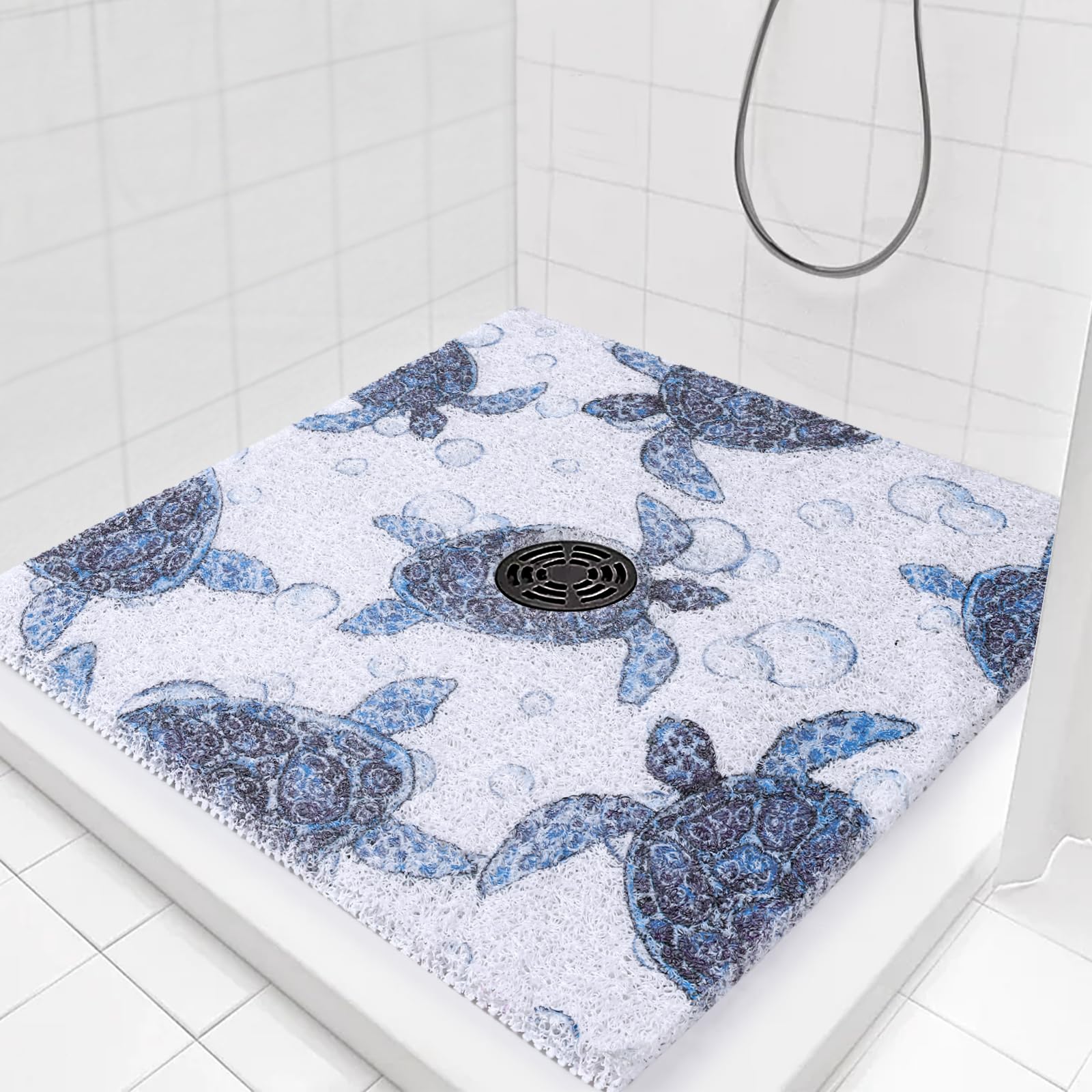 Hombys Square Shower Mat Non Slip 24X24 In,Shower Mat With Drain Hole In Middle,Shower Floor Mats For Inside Shower,Pvc Loofah S