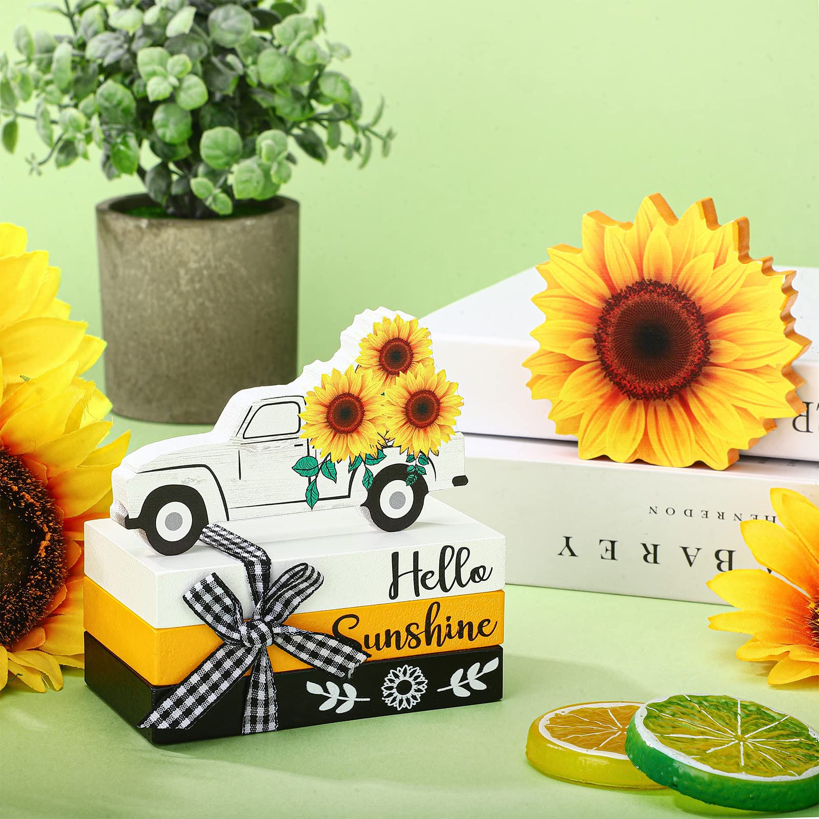 Yalikop 5 Pcs Sunflower Table Decorations Summer Tiered Tray Decor Mini Wooden Decorative Books Stack with Twine with Wood Truck