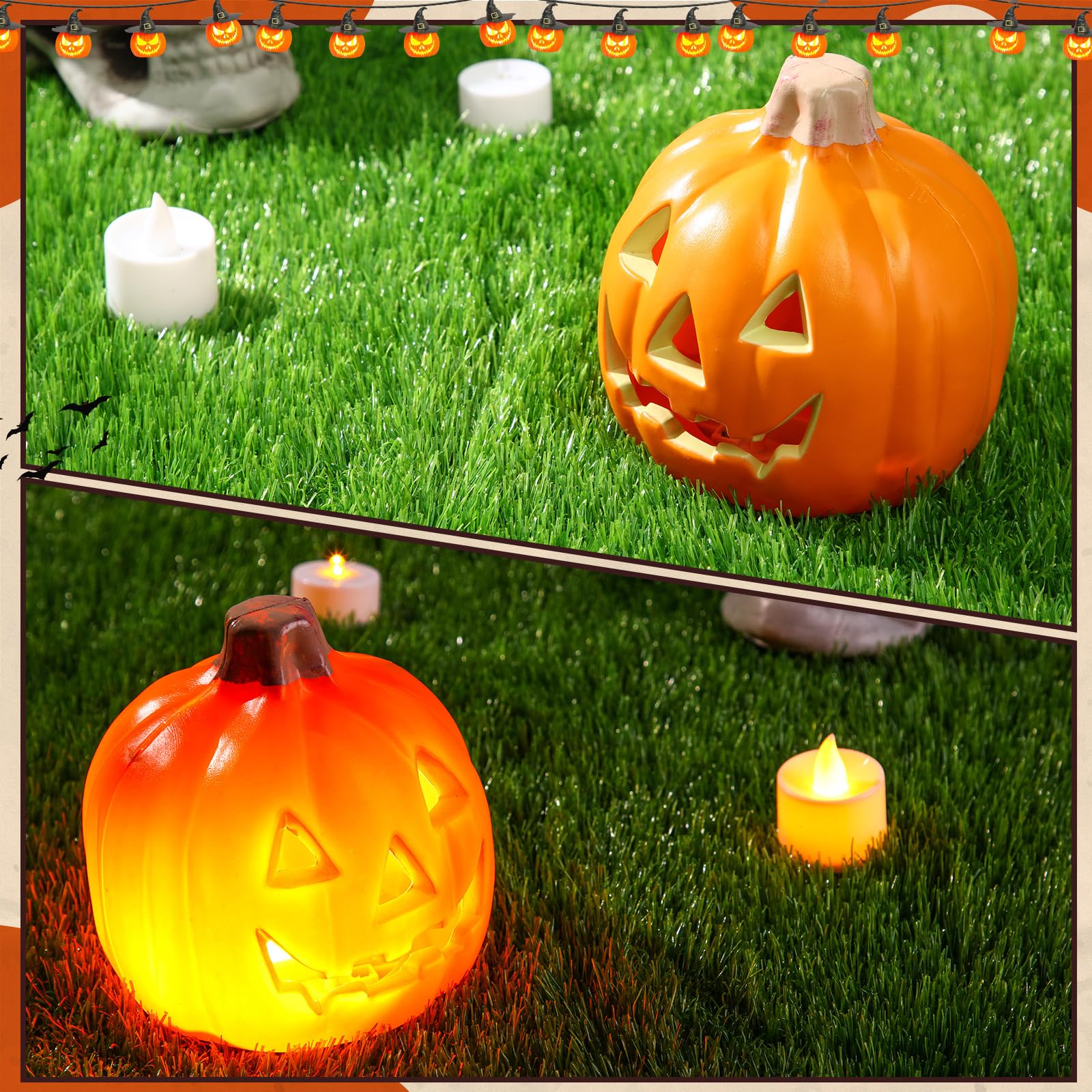 Pinkunn 6 Pcs Light up Jack O Lantern Halloween Pumpkin Lights Scary Glowing Plastic Pumpkin Lamp 5.25 Inch Halloween Props with