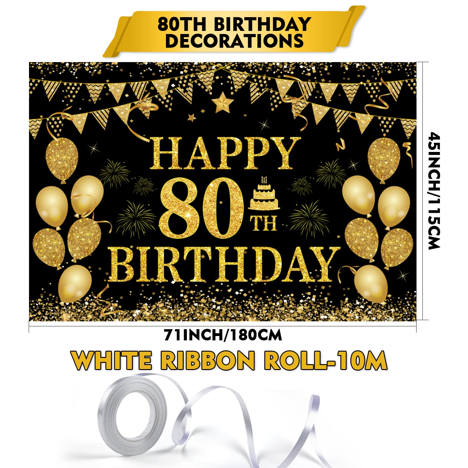 80Th Birthday Decorations For Men Women - Happy 80Th Birthday Banners Decorations Black Gold 80 Years Birthday Party Favor Backd