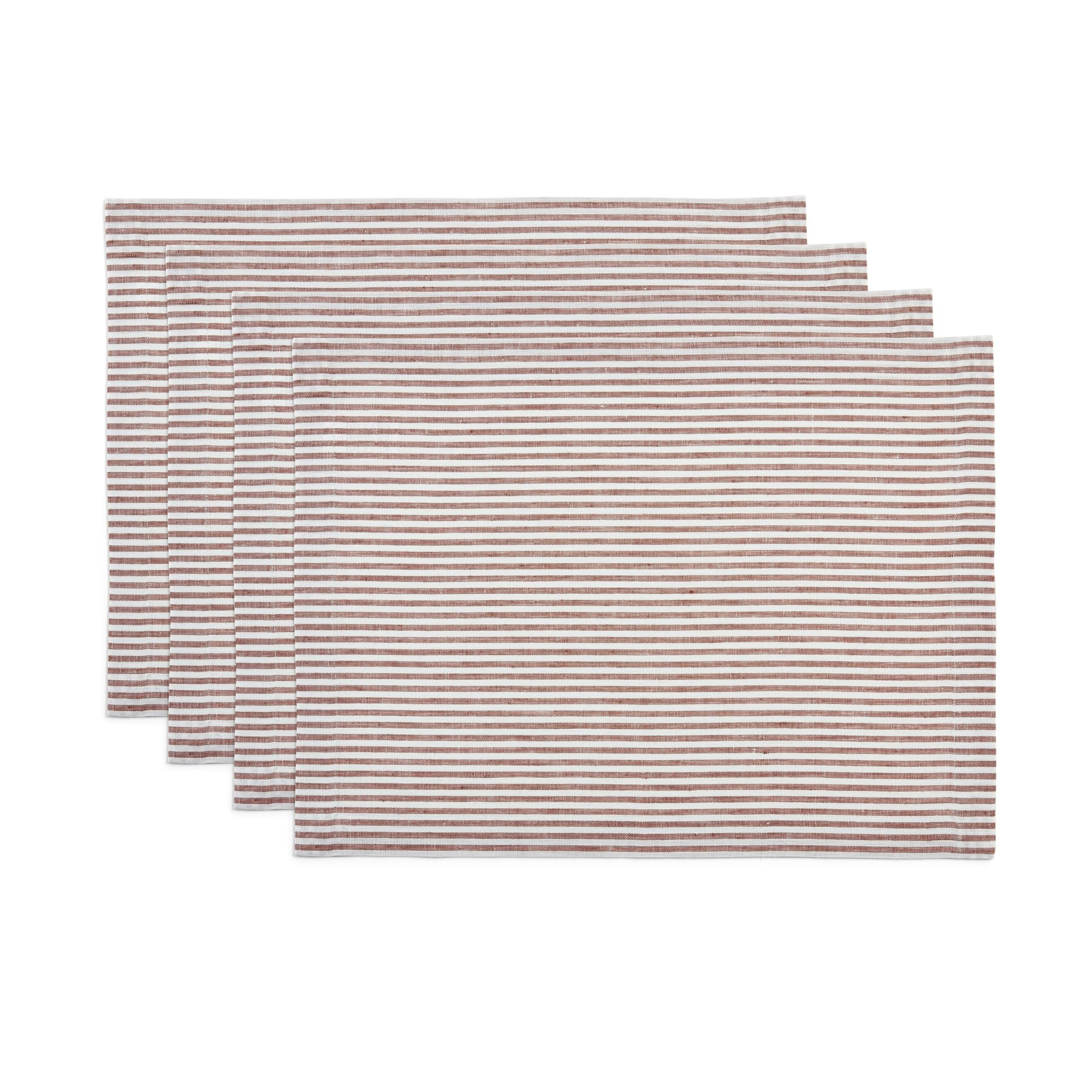 Solino Home Stripe Linen Placemats 19'' L X 14'' W Inch - 100% Pure Linen Cinnamon And White Cloth Placemats Set Of 4 - Narrow S