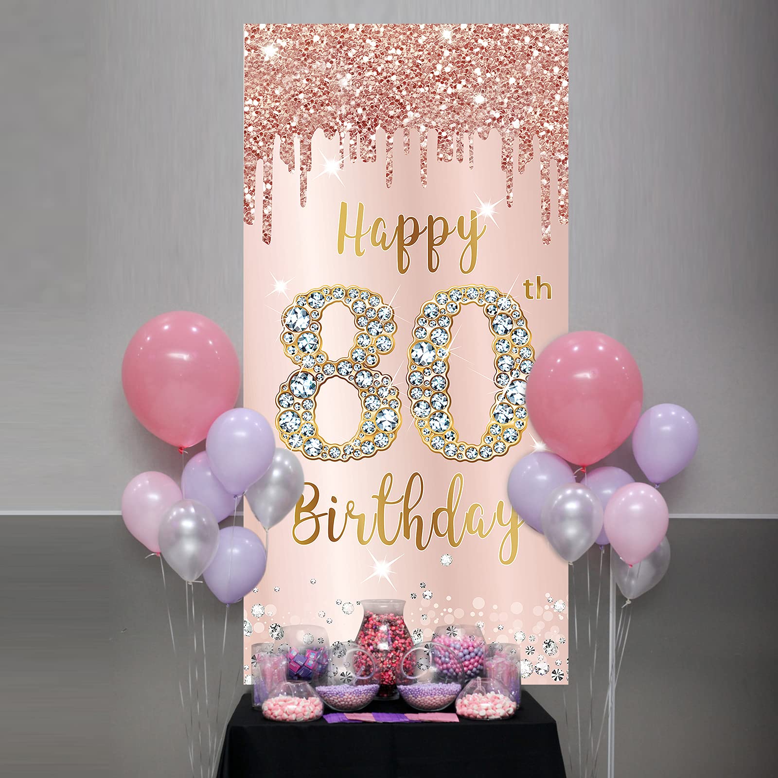80Th Birthday Door Banner Decorations For Women, Pink Rose Gold Happy 80Th Birthday Door Cover Backdrop Party Supplies, Large 80