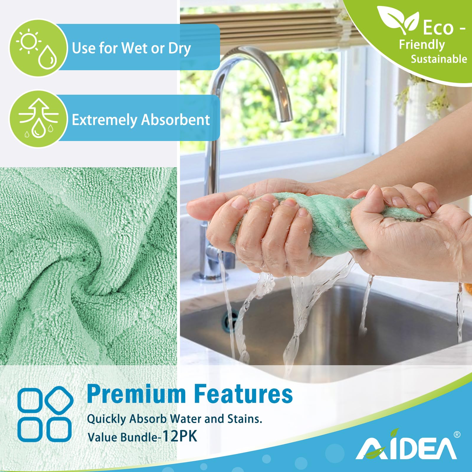 Aidea Kitchen Towels, 12 Pack Absorbent Coral Fleece Dish Towels, No Odor Reusable Dish Cloths, Microfiber Cleaning Cloths, Fast