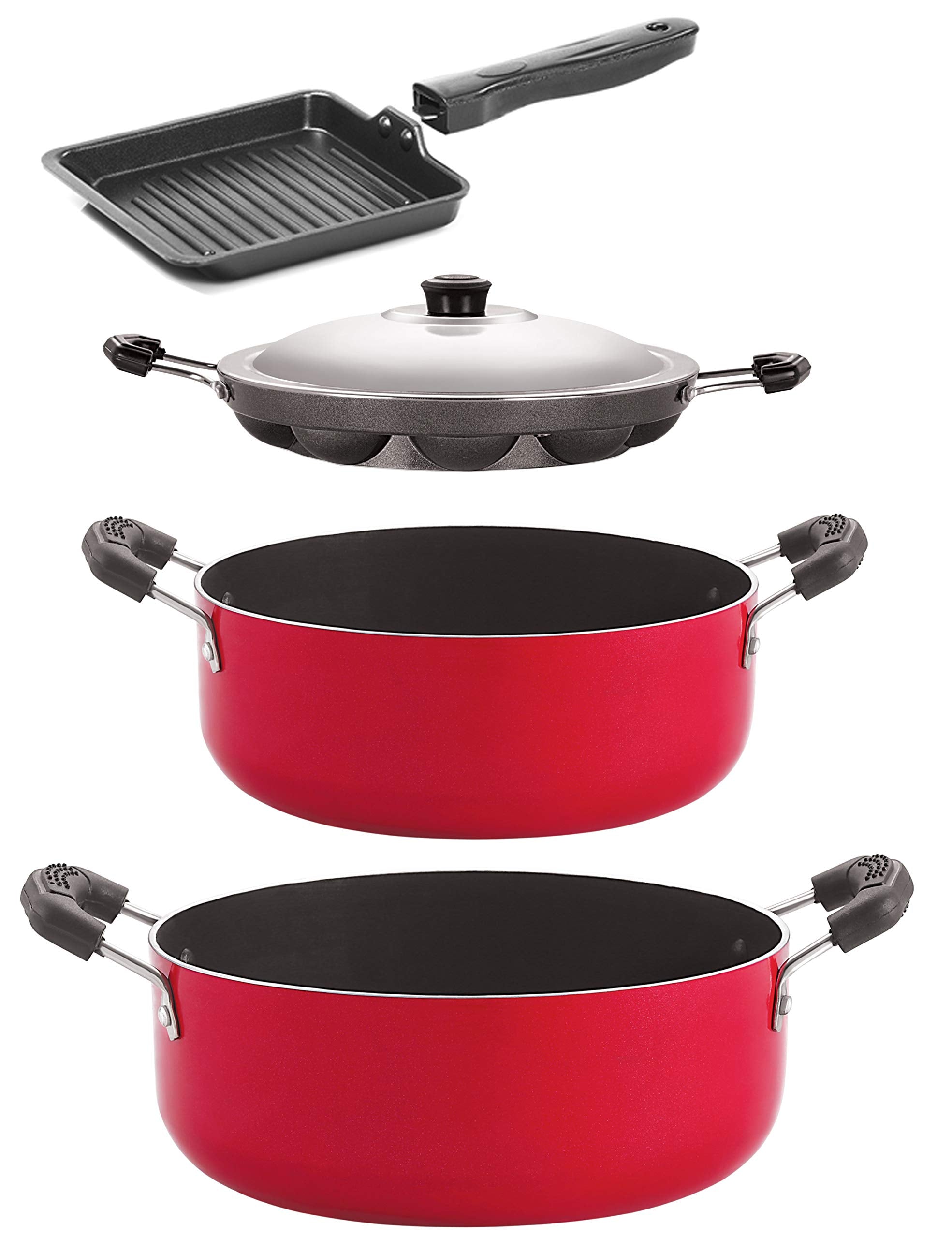 Nirlon NonStick Aluminium Cookware Set, 4Pieces, Red & Black (Cs26_Ap12_Sgp_Cs24)