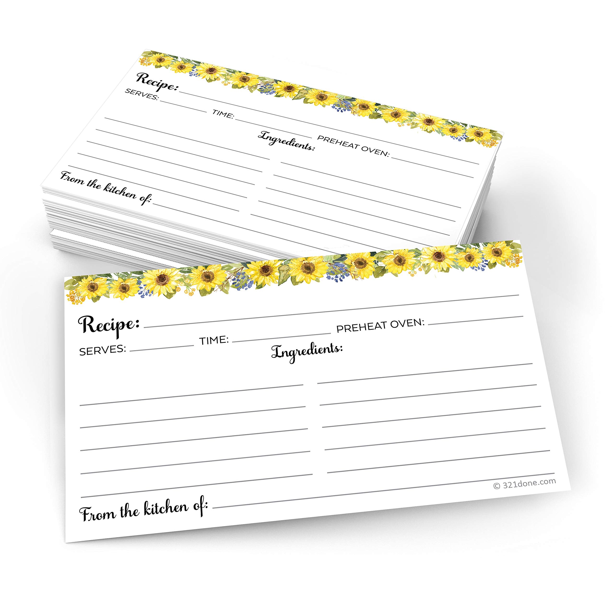 321Done Sunflower Recipe Cards (Set Of 50) Small 3'' X 5'' - From The Kitchen Of White - Double-Sided For Weddings, Bridal, Baby