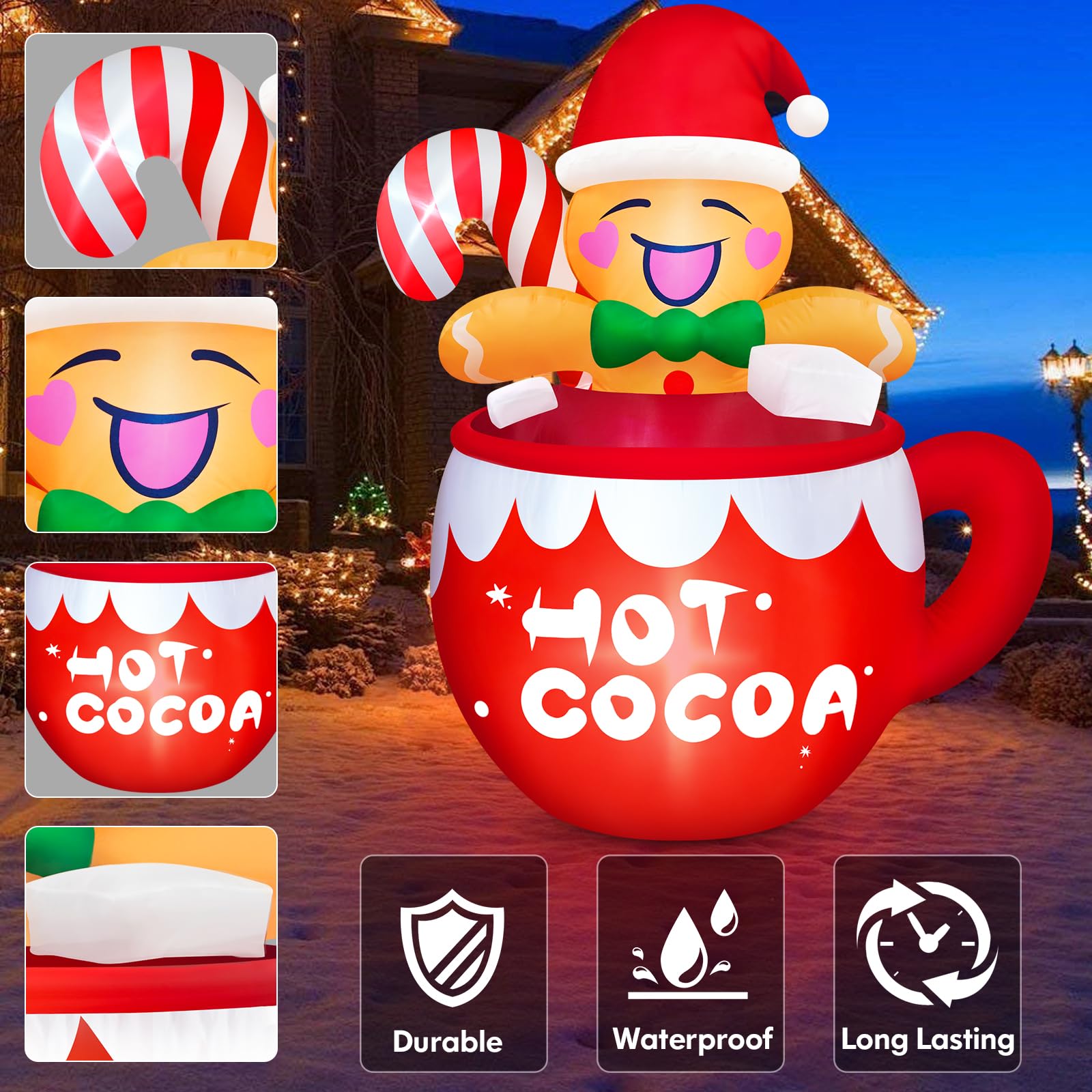 Danxilu 6FT Christmas Inflatable Outdoor Decorations, Cute Blow Up Hot Cocoa Gingerbread Man with Candy Canes Built-in LED Xmas