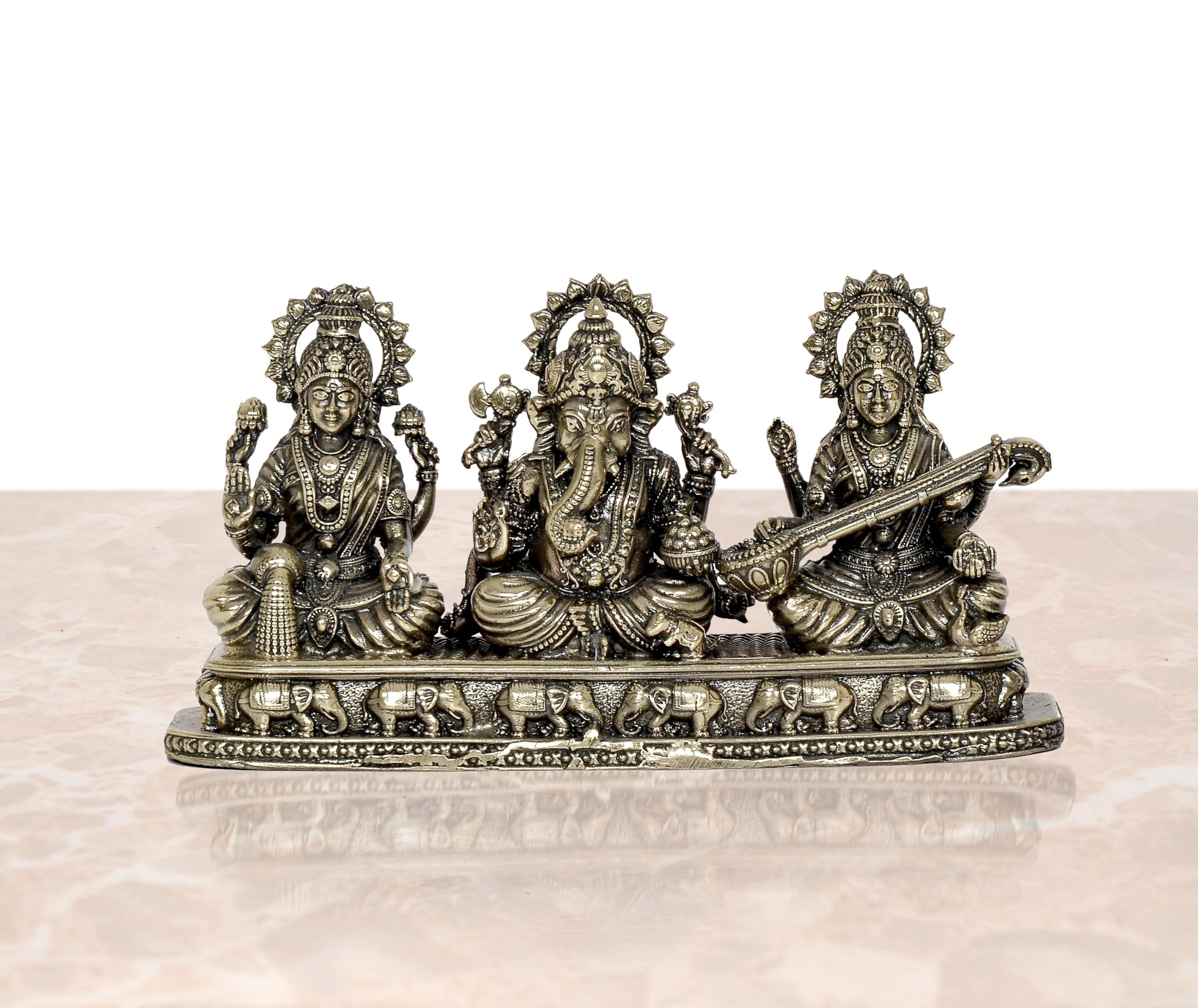 Dattatreya Fine Bronze Ganesha Laxmi Saraswati Idol Temple Murti Diwali Pooja Gift Decoration Showpiece (Height 3 Inch)