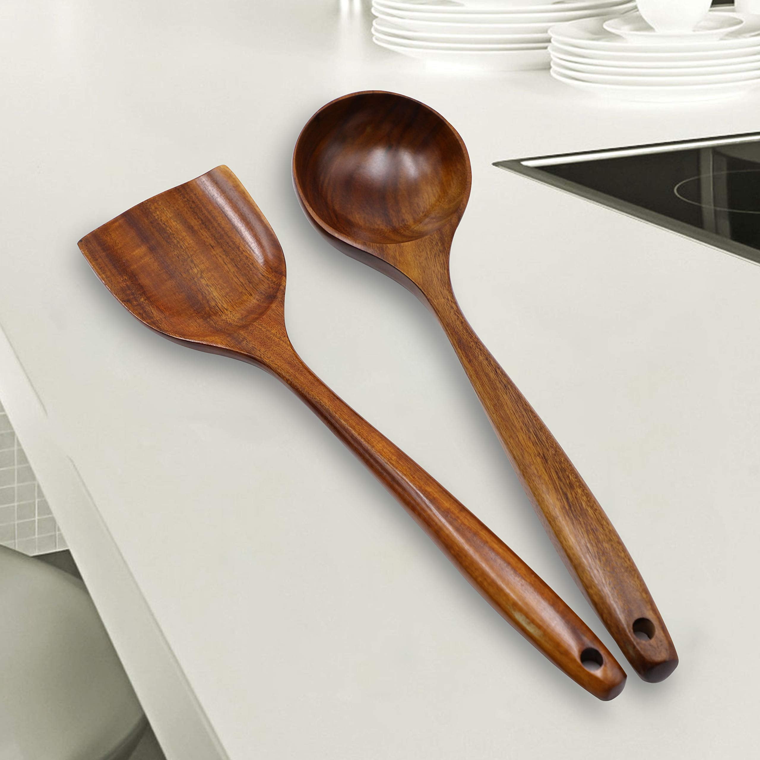 Fjnatinh Wooden Wok Spatula Ladle Tool Set, 14Inch Long Handle Wooden Spatula For Wok, Teak Wooden Wok Spatula