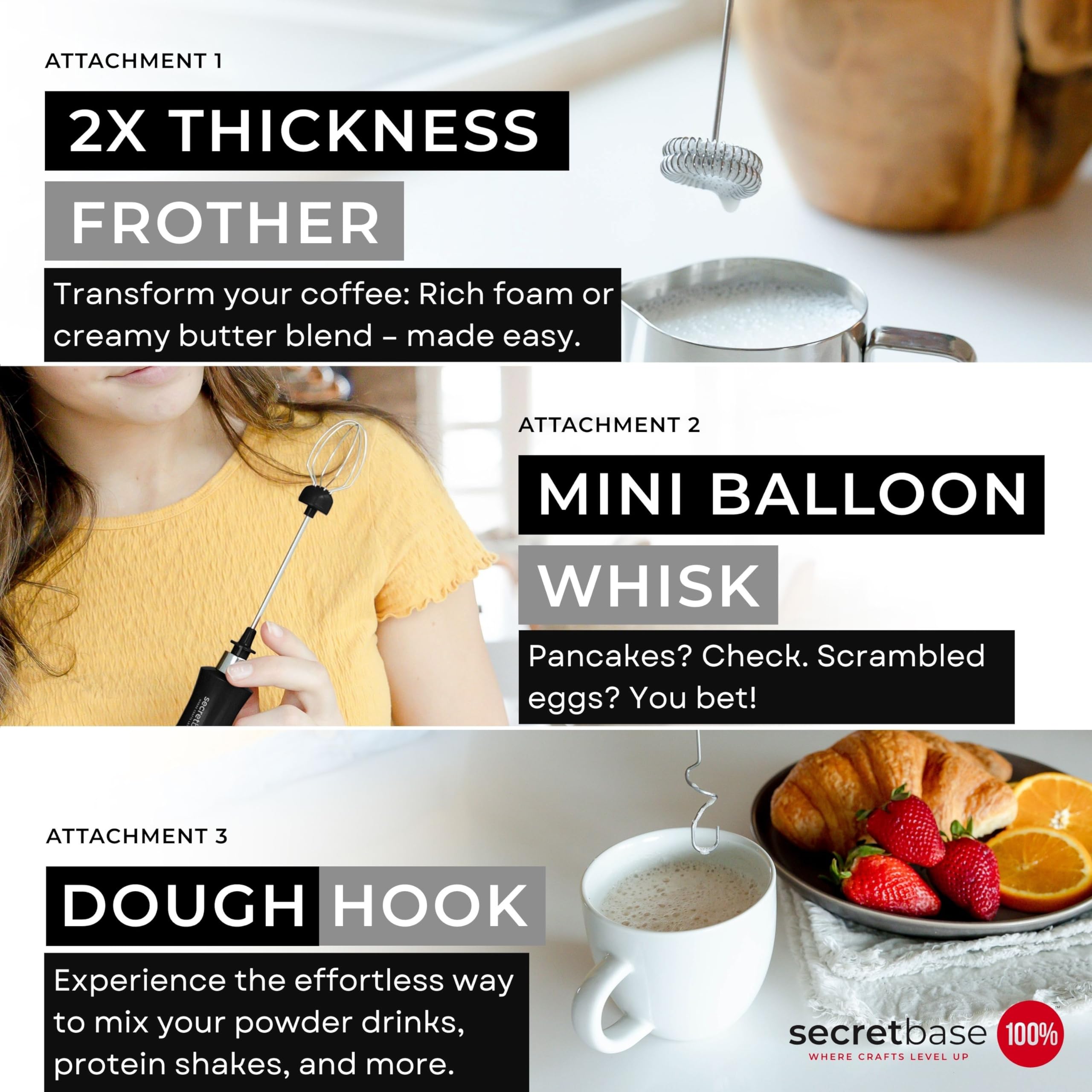 Secretbase 3 Speed Rechargeable Milk Frother And Cup Set, Cordless Usb Charging Cradle - Handheld Milk Frother, Double-Thickness